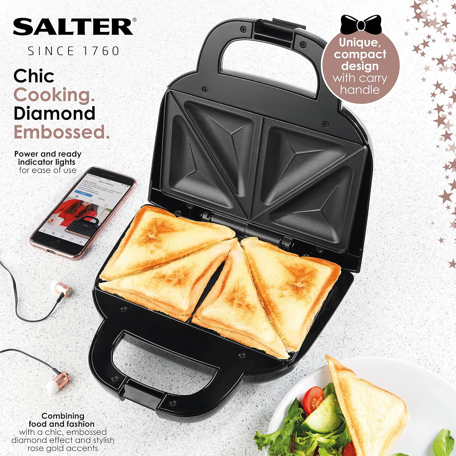 Salter EK3677 Non - Stick Toastie Maker - Diamond Handbag Shaped Sandwich Toaster, Snack Machine, Compact Design, Cool Touch Handle, Panini Press, Pre - Heat In 3 Minutes, Power & Ready Indicator Lights - Amazing Gadgets Outlet