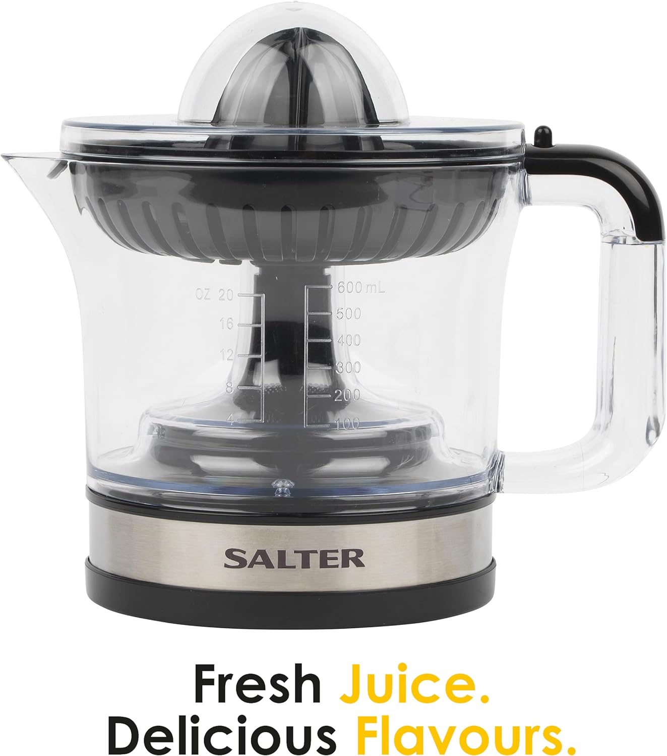 Salter EK5025 Electric Citrus Juicer Press - Extractor For Oranges/Lemon/Lime/Grapefruit, Juicing Machine, 600 ml Jug, Smooth/With Bits, Interchangeable Cones, Easy Clean, Pulp Control, 30W, Black - Amazing Gadgets Outlet