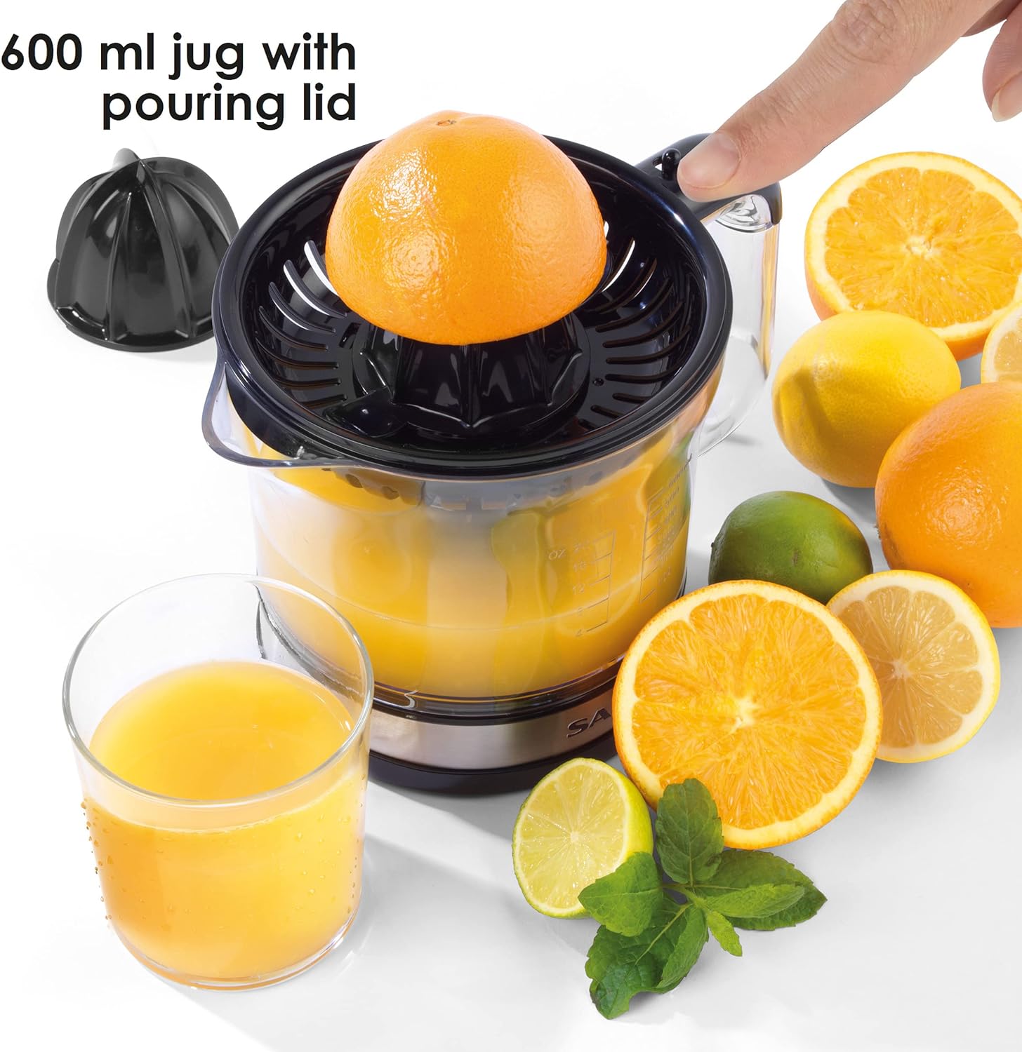 Salter EK5025 Electric Citrus Juicer Press - Extractor For Oranges/Lemon/Lime/Grapefruit, Juicing Machine, 600 ml Jug, Smooth/With Bits, Interchangeable Cones, Easy Clean, Pulp Control, 30W, Black - Amazing Gadgets Outlet