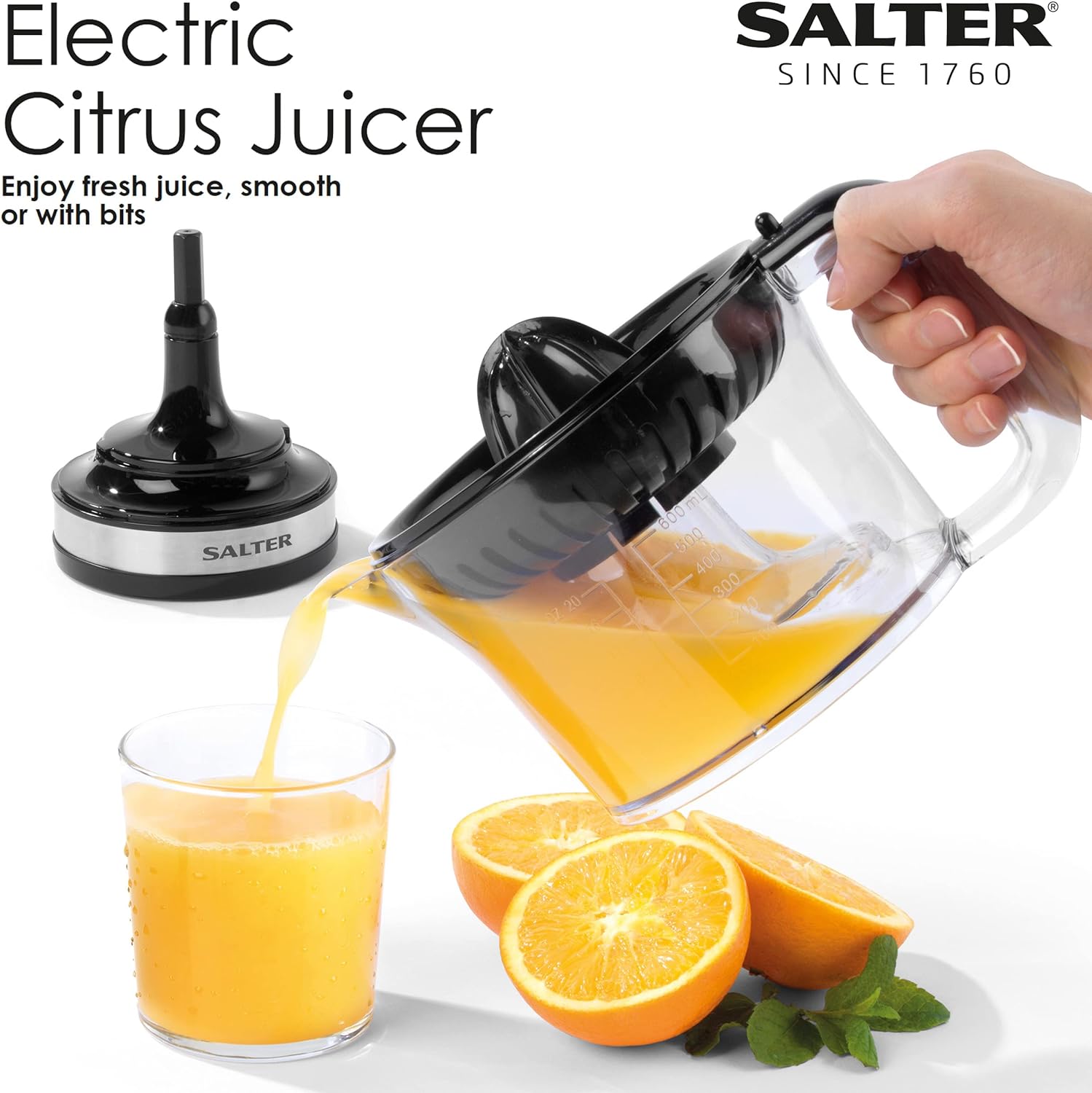 Salter EK5025 Electric Citrus Juicer Press - Extractor For Oranges/Lemon/Lime/Grapefruit, Juicing Machine, 600 ml Jug, Smooth/With Bits, Interchangeable Cones, Easy Clean, Pulp Control, 30W, Black - Amazing Gadgets Outlet