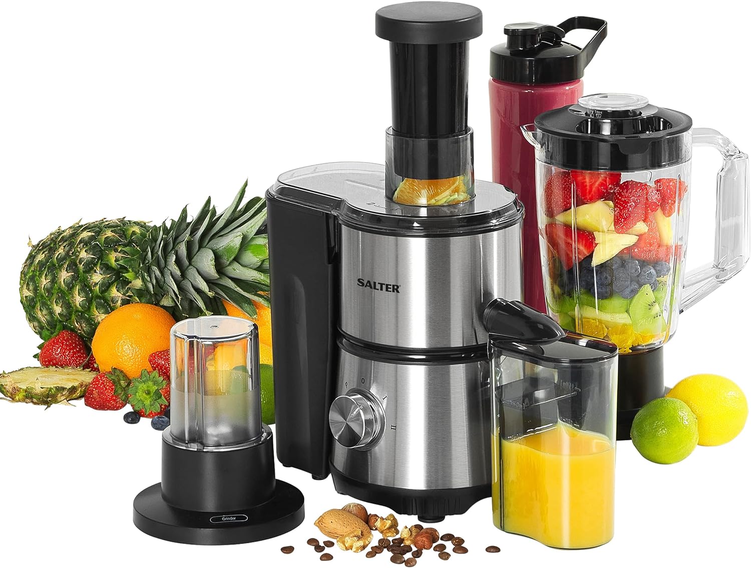 Salter EK5025 Electric Citrus Juicer Press - Extractor For Oranges/Lemon/Lime/Grapefruit, Juicing Machine, 600 ml Jug, Smooth/With Bits, Interchangeable Cones, Easy Clean, Pulp Control, 30W, Black - Amazing Gadgets Outlet