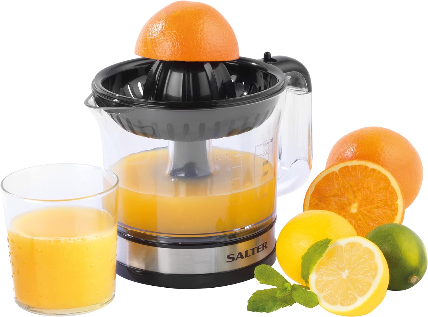 Salter EK5025 Electric Citrus Juicer Press - Extractor For Oranges/Lemon/Lime/Grapefruit, Juicing Machine, 600 ml Jug, Smooth/With Bits, Interchangeable Cones, Easy Clean, Pulp Control, 30W, Black - Amazing Gadgets Outlet