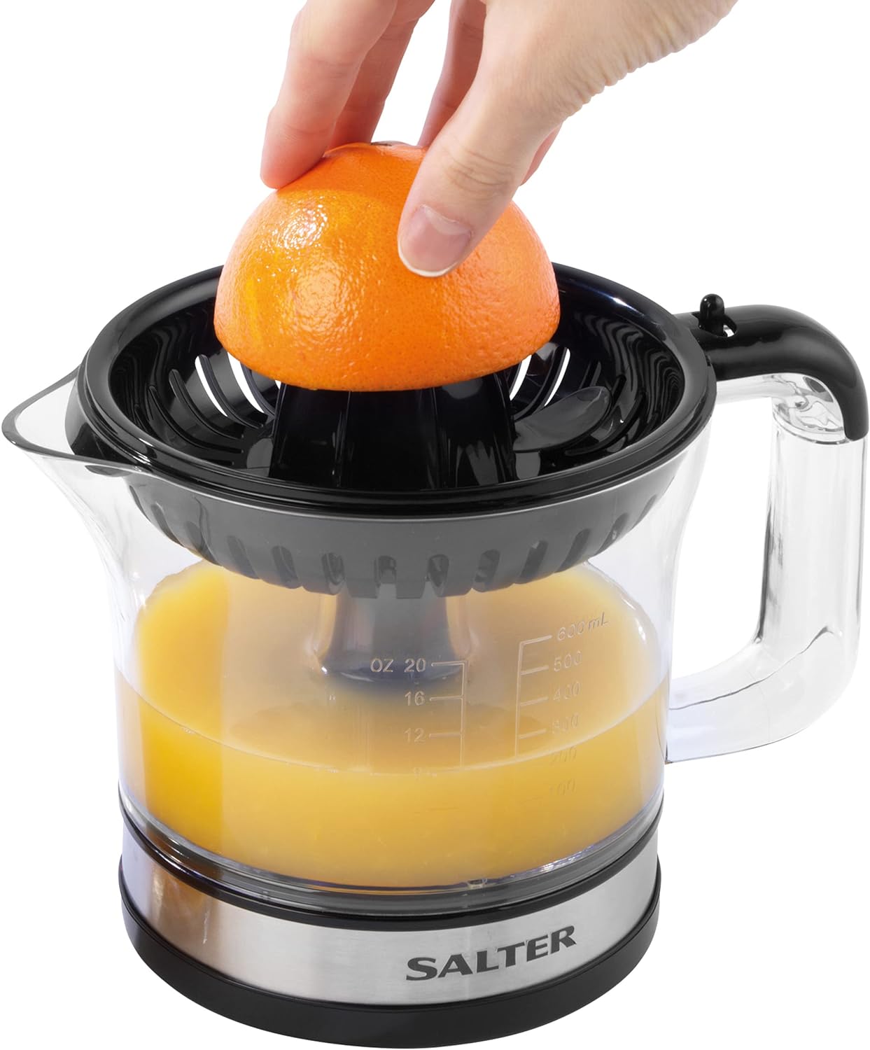 Salter EK5025 Electric Citrus Juicer Press - Extractor For Oranges/Lemon/Lime/Grapefruit, Juicing Machine, 600 ml Jug, Smooth/With Bits, Interchangeable Cones, Easy Clean, Pulp Control, 30W, Black - Amazing Gadgets Outlet