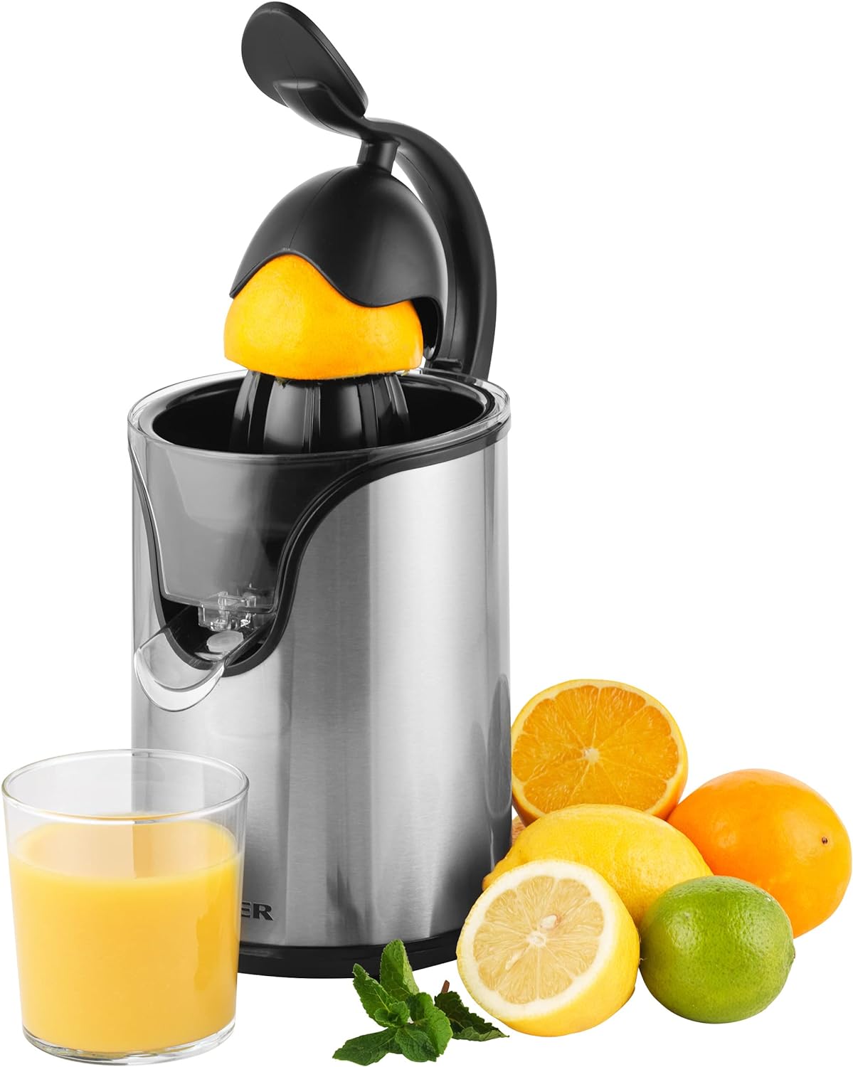 Salter EK5025 Electric Citrus Juicer Press - Extractor For Oranges/Lemon/Lime/Grapefruit, Juicing Machine, 600 ml Jug, Smooth/With Bits, Interchangeable Cones, Easy Clean, Pulp Control, 30W, Black - Amazing Gadgets Outlet