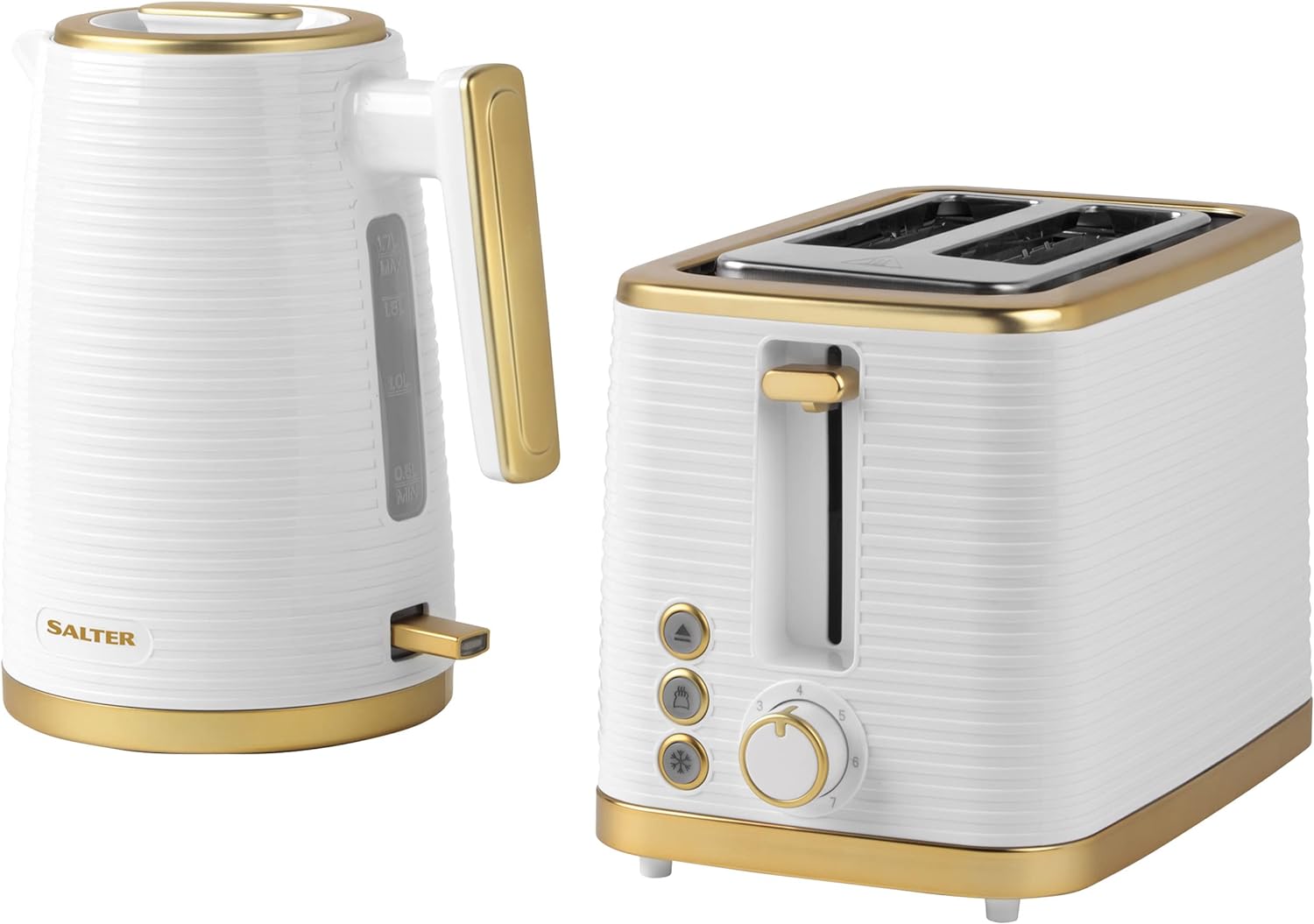 Salter EK5032WHT Palermo 2 - Slice Toaster - Defrost, Reheat & Cancel Functions, Wide Toasting Slots For Thicker Bread, 7 Levels Of Browning, Removable Crumb Tray, Indicator Lights, 930W, White & Gold - Amazing Gadgets Outlet