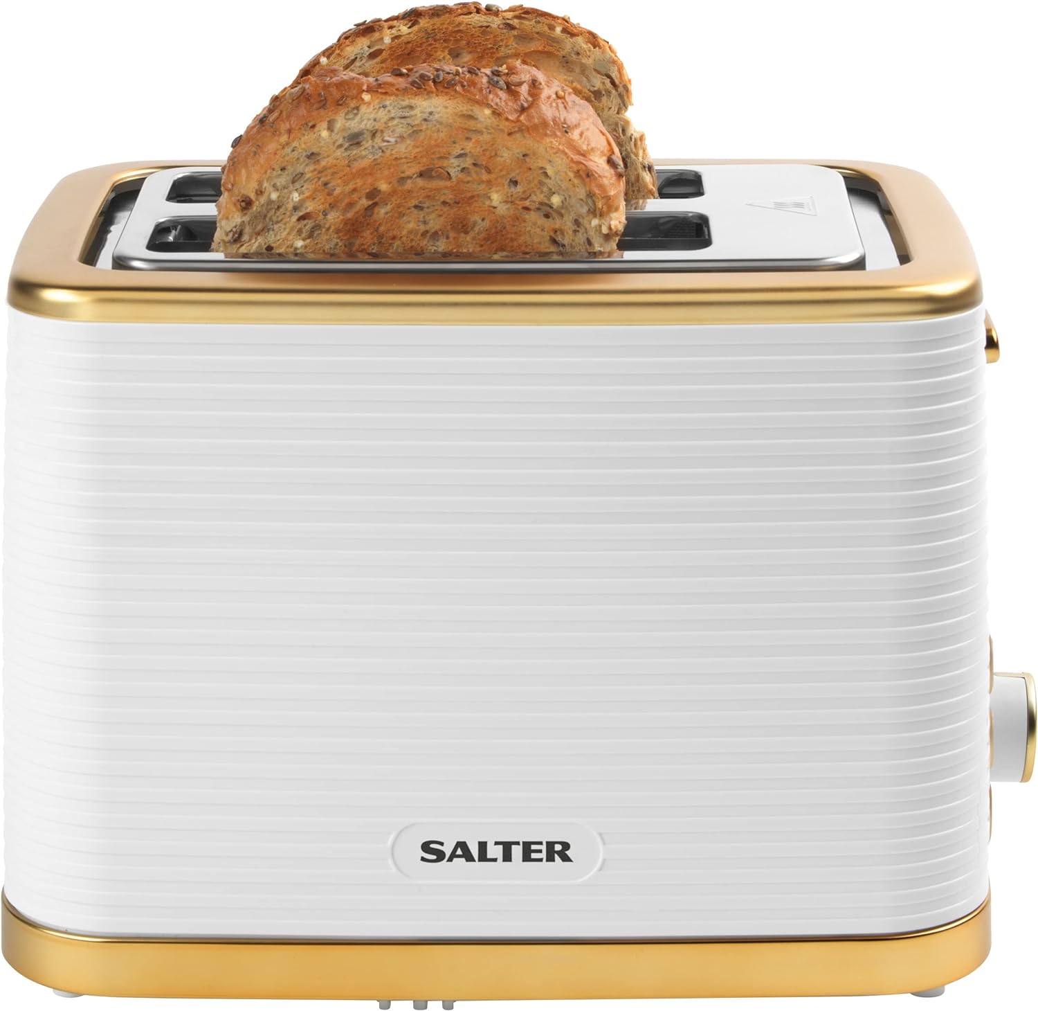 Salter EK5032WHT Palermo 2 - Slice Toaster - Defrost, Reheat & Cancel Functions, Wide Toasting Slots For Thicker Bread, 7 Levels Of Browning, Removable Crumb Tray, Indicator Lights, 930W, White & Gold - Amazing Gadgets Outlet