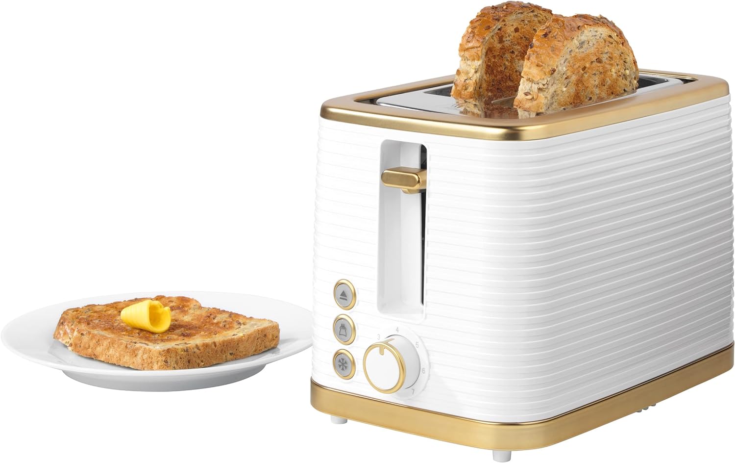 Salter EK5032WHT Palermo 2 - Slice Toaster - Defrost, Reheat & Cancel Functions, Wide Toasting Slots For Thicker Bread, 7 Levels Of Browning, Removable Crumb Tray, Indicator Lights, 930W, White & Gold - Amazing Gadgets Outlet