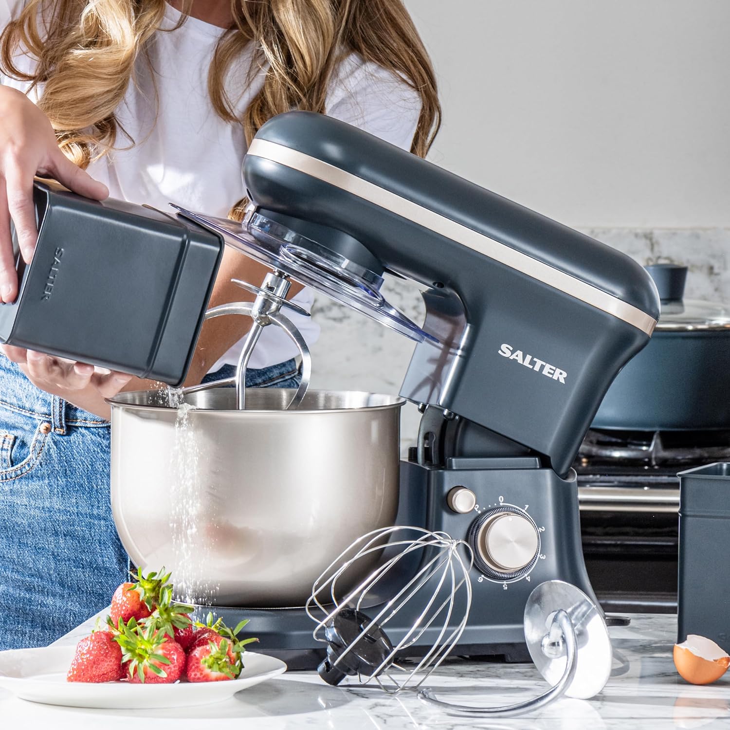 Salter EK5620BGRY Marino Baking Stand Mixer - 6 Speed Kitchen Mixer With Pulse, 5L Stainless Steel Mixing Bowl, Removable Splash Guard, Whisk, Dough and Beater Attachment, 1200W, Blue/Grey   Import  Single ASIN  Import  Multiple ASIN ×Product cus - Amazing Gadgets Outlet