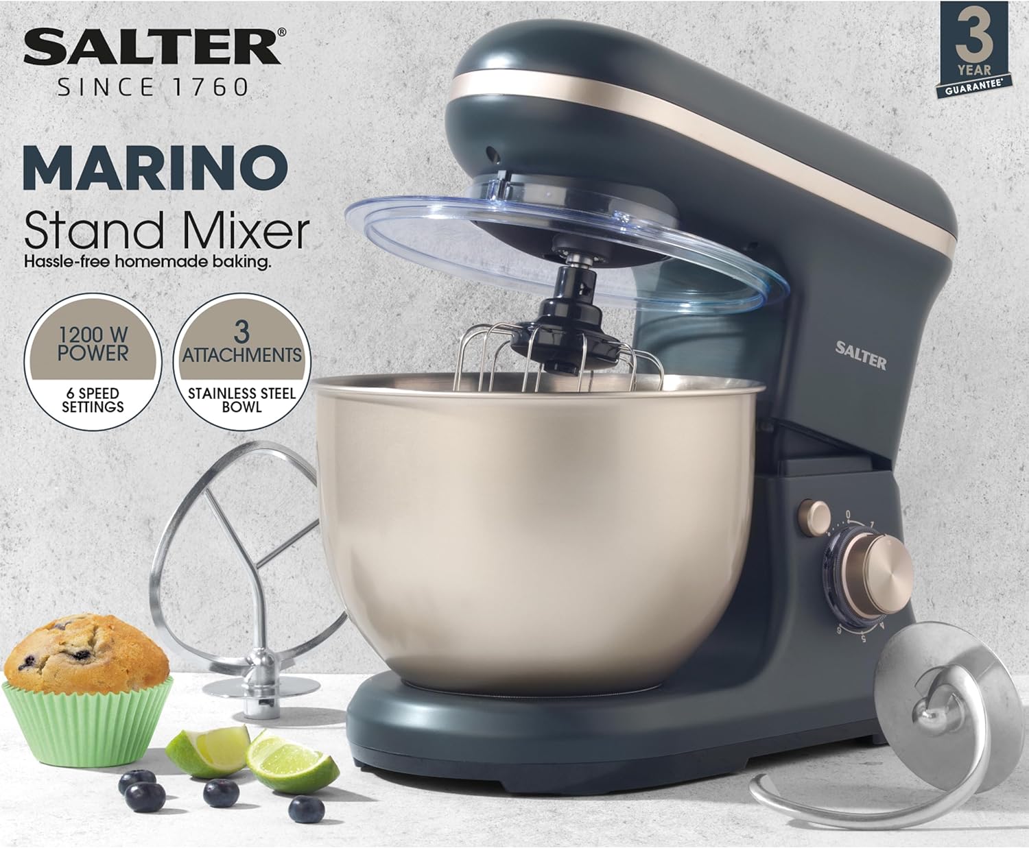 Salter EK5620BGRY Marino Baking Stand Mixer - 6 Speed Kitchen Mixer With Pulse, 5L Stainless Steel Mixing Bowl, Removable Splash Guard, Whisk, Dough and Beater Attachment, 1200W, Blue/Grey   Import  Single ASIN  Import  Multiple ASIN ×Product cus - Amazing Gadgets Outlet