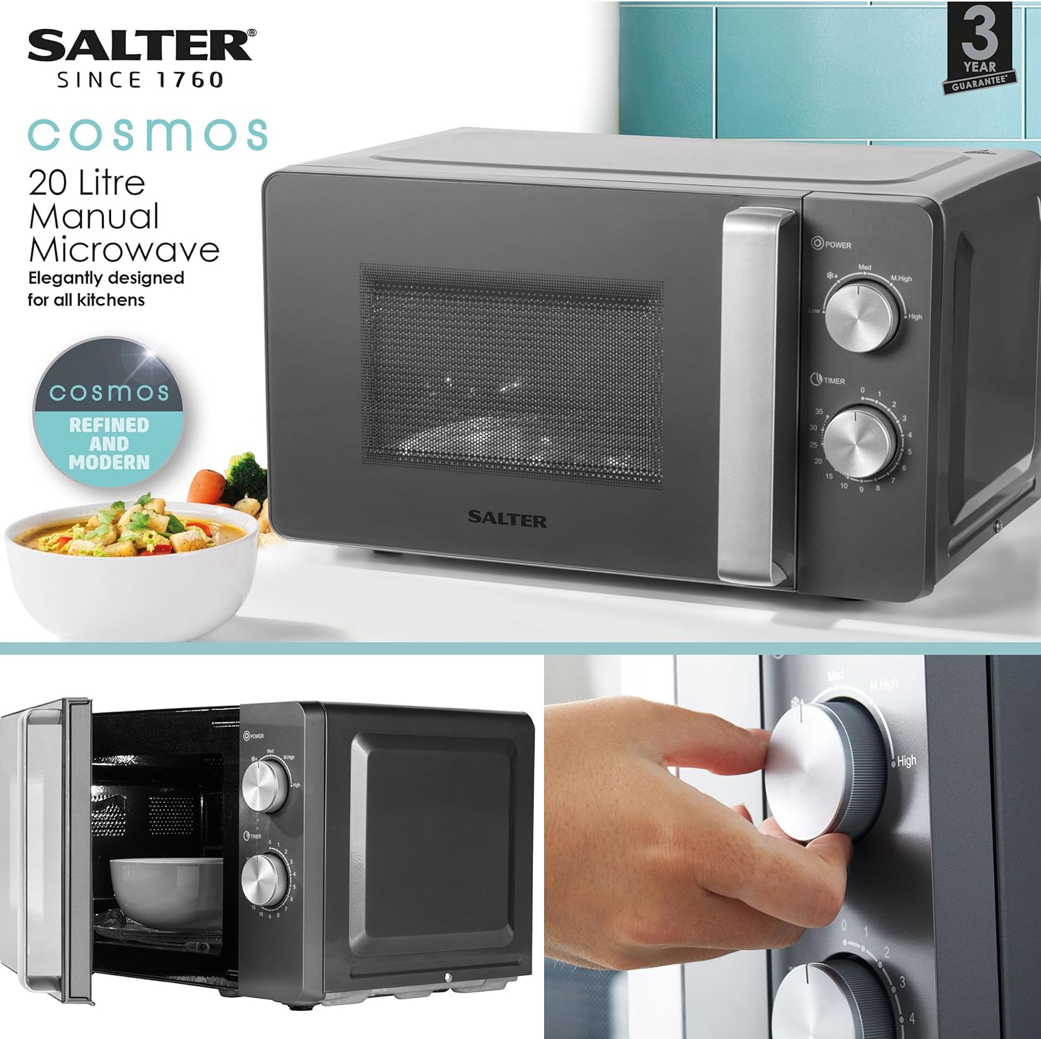 Salter EK5652 Cosmos 20L Manual Solo Microwave – 5 Power Levels, Defrost Function, 35 Minute Timer, 27 cm Rotating Glass Turntable, 2 Adjustable Dials, Even Cooking, Grey, 25.8 x 45 x 35.5 cm, 800 W - Amazing Gadgets Outlet