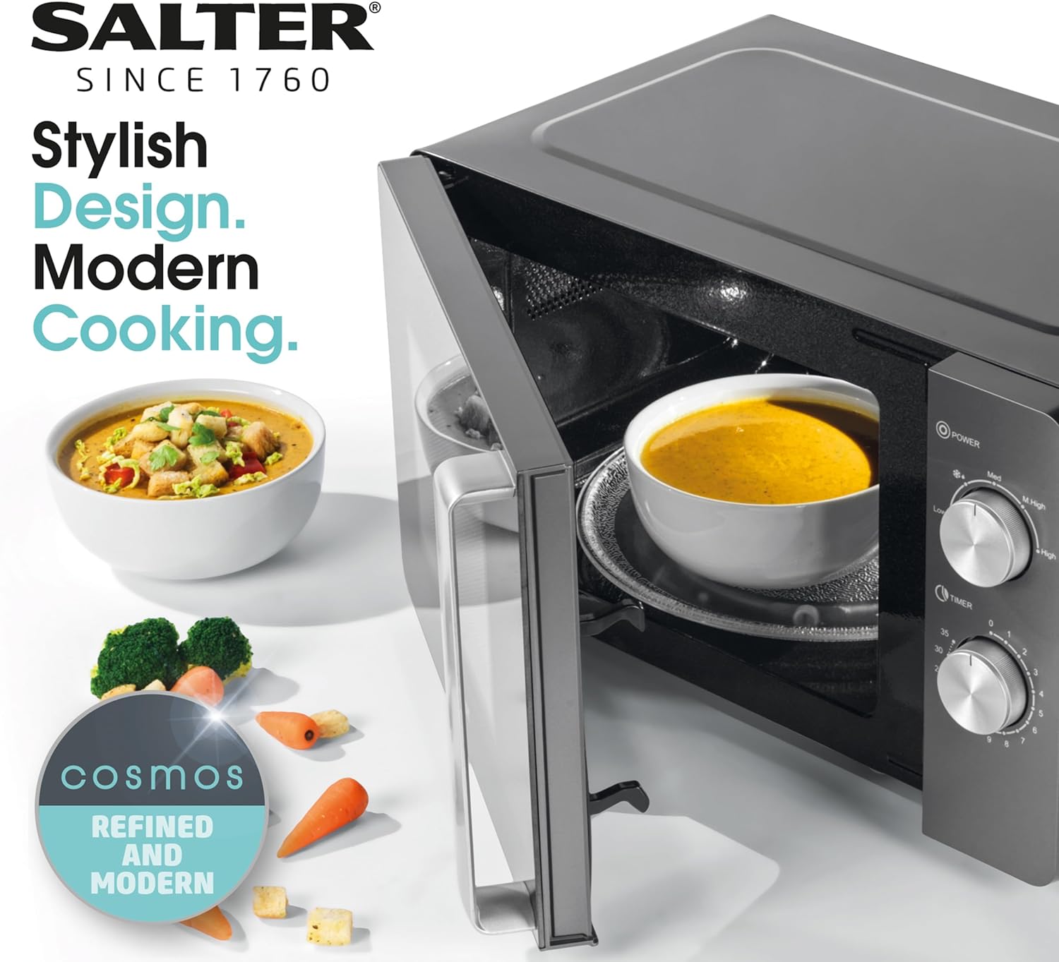 Salter EK5652 Cosmos 20L Manual Solo Microwave – 5 Power Levels, Defrost Function, 35 Minute Timer, 27 cm Rotating Glass Turntable, 2 Adjustable Dials, Even Cooking, Grey, 25.8 x 45 x 35.5 cm, 800 W - Amazing Gadgets Outlet