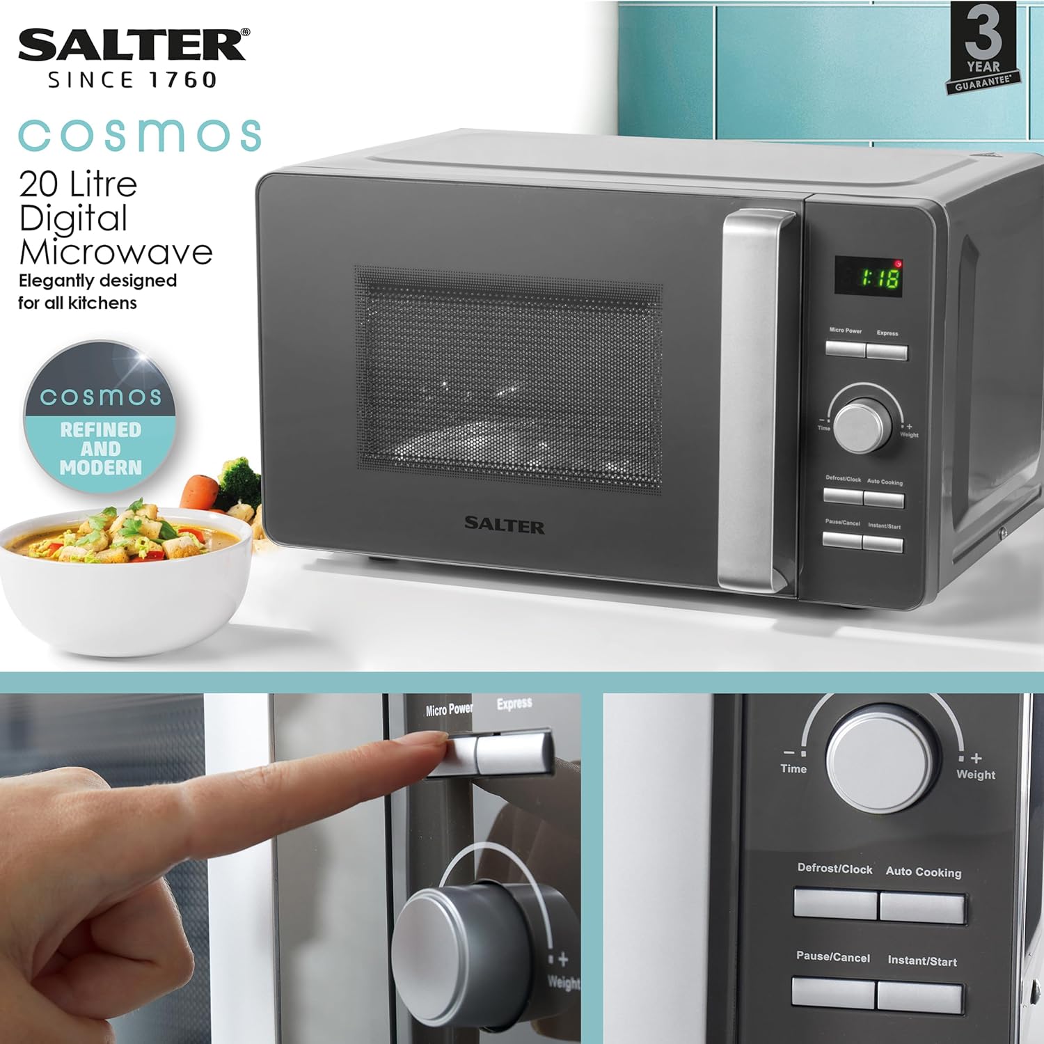 Salter EK5653 Cosmos 20L Digital Microwave – 27cm Glass Turntable For Even Cooking, Auto Cook Programmes & Defrost Settings, 60 Minute Timer Dial, LED Display,800W, 33(D) x44(W) x34cm(H) - Amazing Gadgets Outlet