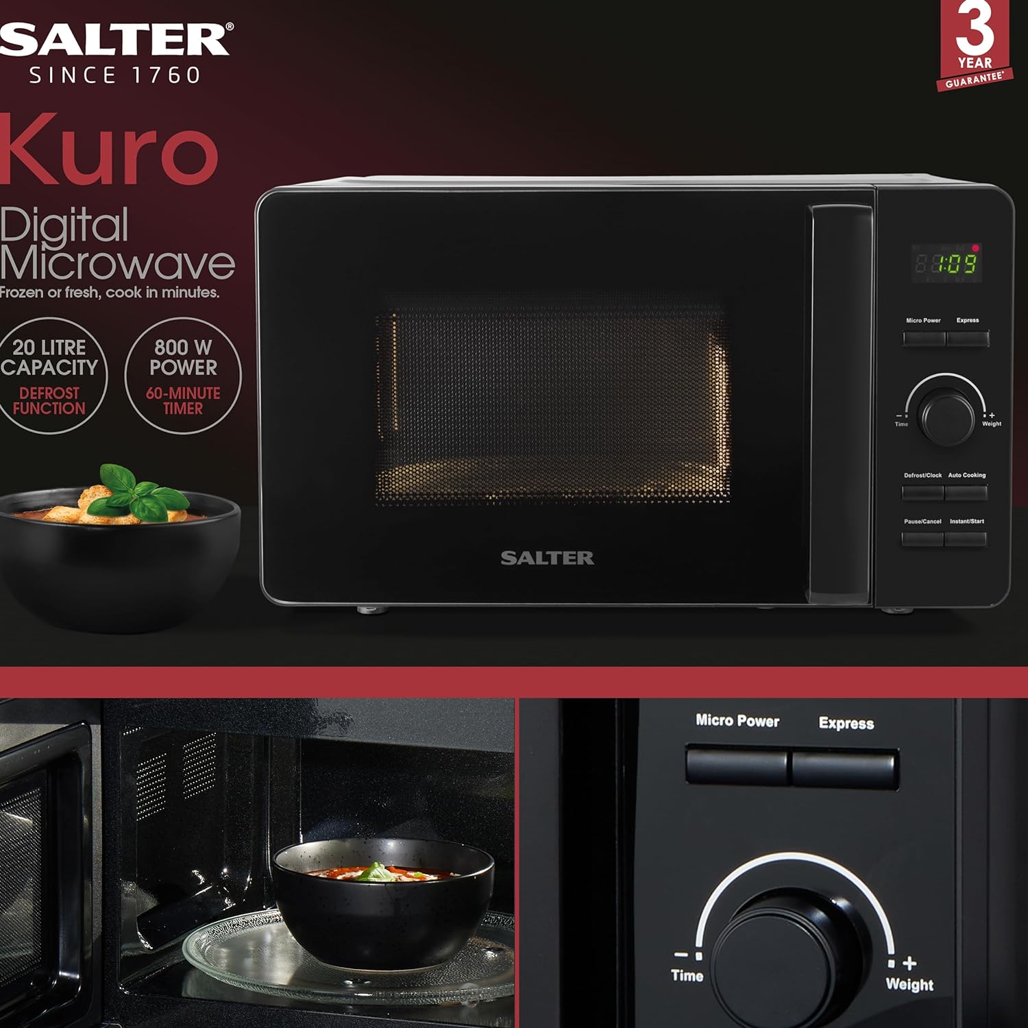 Salter EK5653MBLK Kuro 20L Digital Microwave – 800 W Solo Freestanding Microwave Oven With 27 cm Rotating Turntable, LED Clock Display Screen, Adjustable Time/Weigh Dial, 60 Minute Timer, Black - Amazing Gadgets Outlet