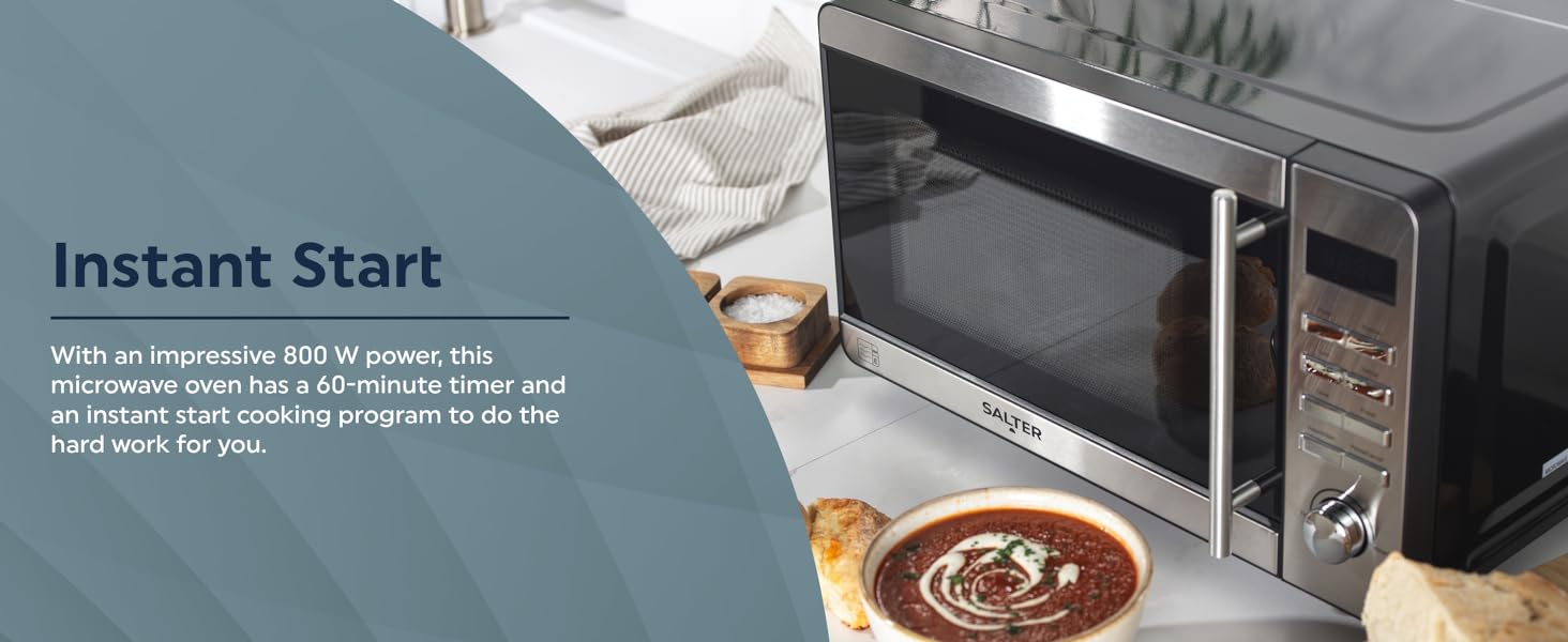 Salter EK5746 20 Litre Digital Microwave 60 - Minute Timer, Defrost Function, 27cm Turntable, Even Cooking, Time/Weight Controls, Instant Start, 45.1 x 35.4 x 25.8 cm, Stainless Steel Finish, 800W - Amazing Gadgets Outlet