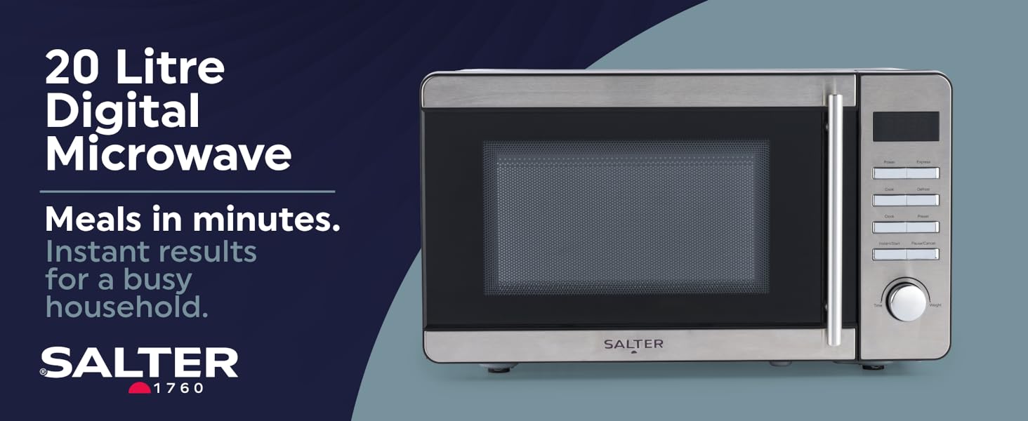 Salter EK5746 20 Litre Digital Microwave 60 - Minute Timer, Defrost Function, 27cm Turntable, Even Cooking, Time/Weight Controls, Instant Start, 45.1 x 35.4 x 25.8 cm, Stainless Steel Finish, 800W - Amazing Gadgets Outlet