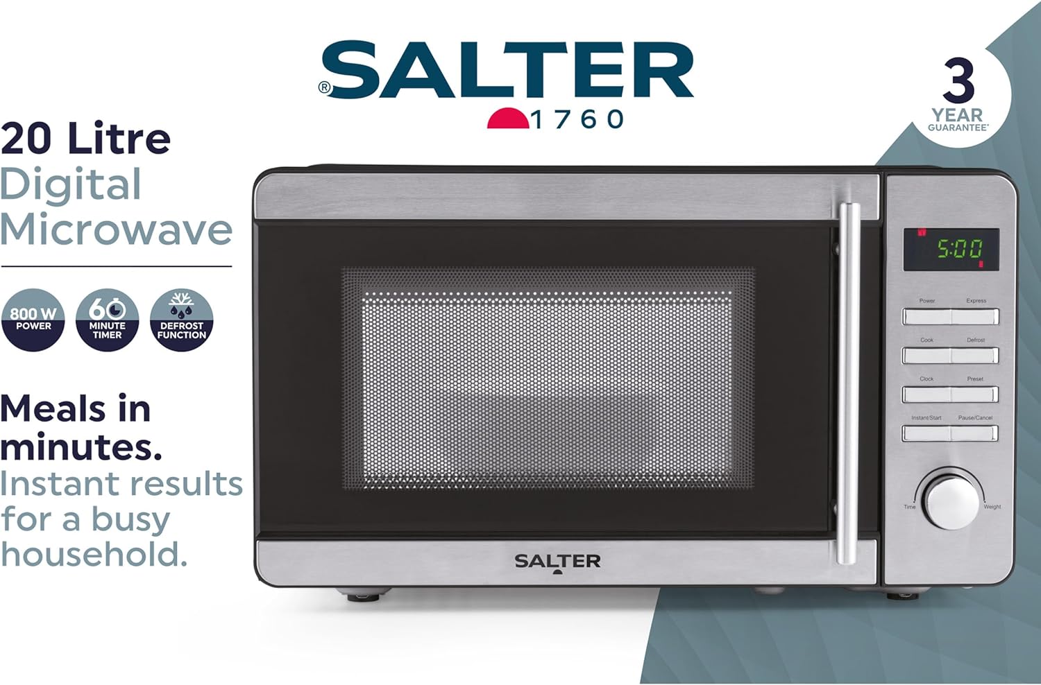 Salter EK5746 20 Litre Digital Microwave 60 - Minute Timer, Defrost Function, 27cm Turntable, Even Cooking, Time/Weight Controls, Instant Start, 45.1 x 35.4 x 25.8 cm, Stainless Steel Finish, 800W - Amazing Gadgets Outlet