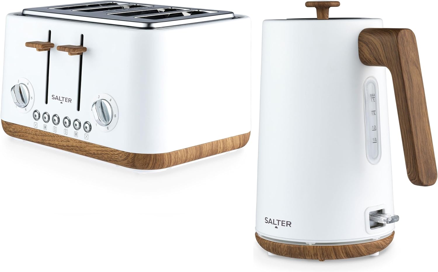 Salter EK5823WHT Toronto 4 - Slice Toaster – Wide Slots, Removable Crumb Tray, 6 Browning Levels, Variable Control, Defrost, Reheat, Cancel, High - Lift Eject, Self - Centring Function, Wooden Effect, White - Amazing Gadgets Outlet