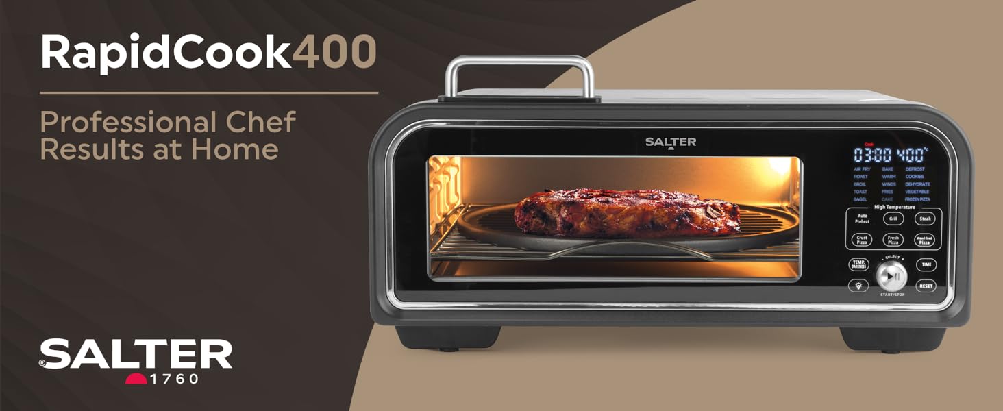 Salter EK5913 RapidCook400 Digital Air Fryer Oven – 18L Pizza Oven, High Temperature Functions Including Pizza, Grill & Steak, 15 Cooking Functions, 7 Accessories Included, Cooks up to 400°C, 2000W - Amazing Gadgets Outlet