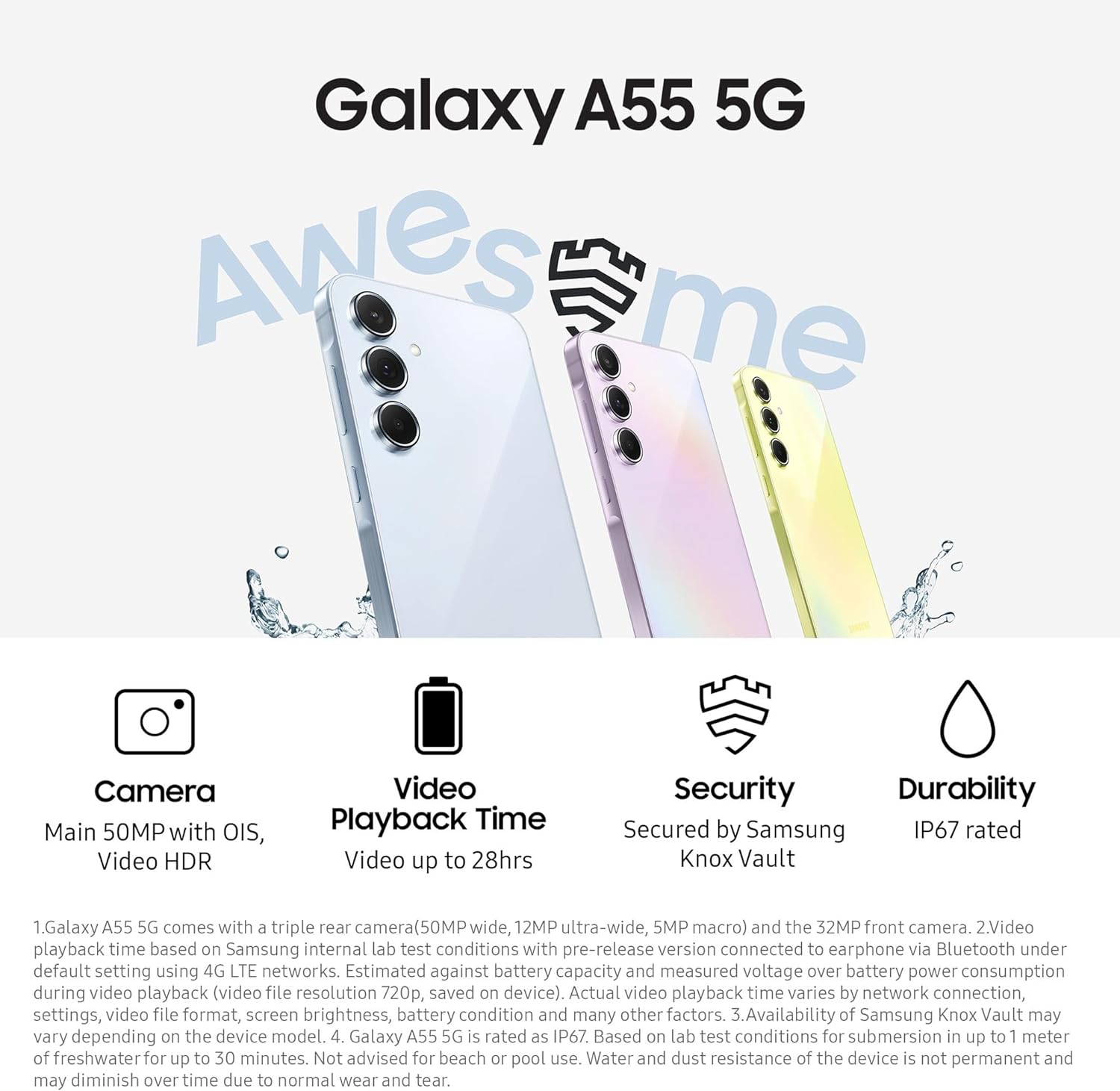 Samsung Galaxy A55 5G, Factory Unlocked Android Smartphone, 256GB, 8GB RAM, 2 day battery life, 50MP Camera, Awesome Lemon, 3 Year Manufacturer Extended Warranty (UK Version) - Amazing Gadgets Outlet