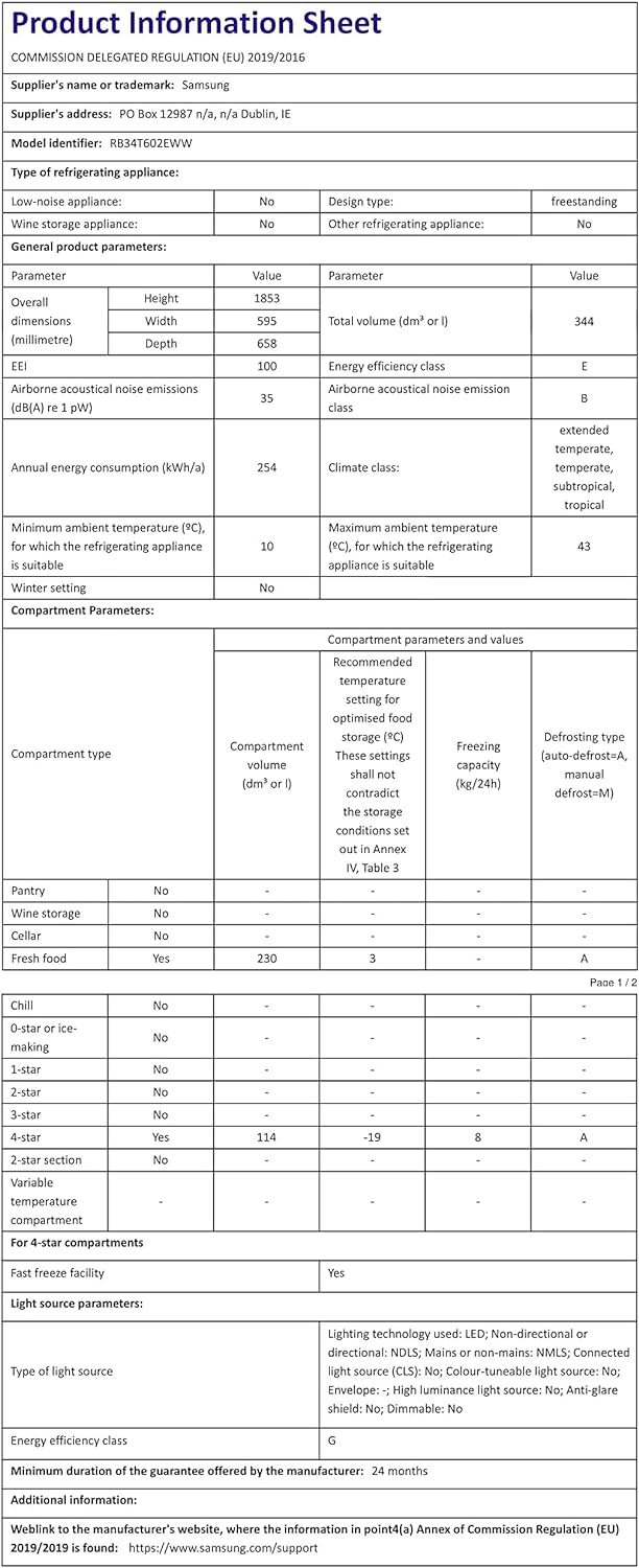Samsung RB34T602EWW/EU Freestanding Fridge Freezer, Frost Free, 340L capacity, 60cm wide, White, Decibel rating: 35, EU Acoustic Class: B - Amazing Gadgets Outlet