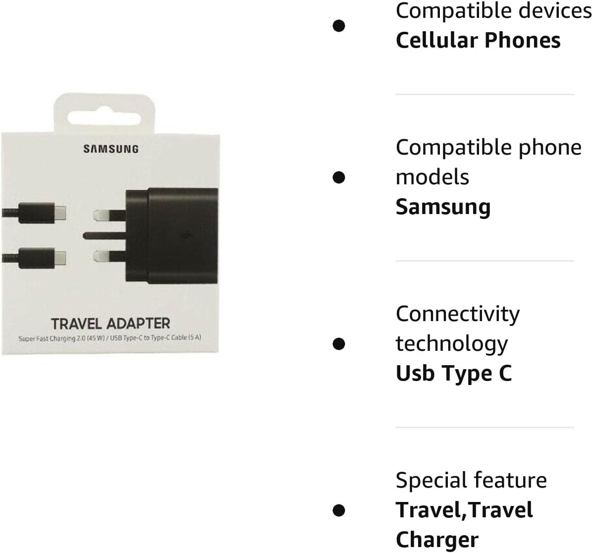 Samsung UK Travel Adaptor (45W with USB type C Cable) Black,package may vary   Import  Single ASIN  Import  Multiple ASIN ×Product customization General Description Gallery Reviews Variations Additional details Product Tags AMAZ - Amazing Gadgets Outlet