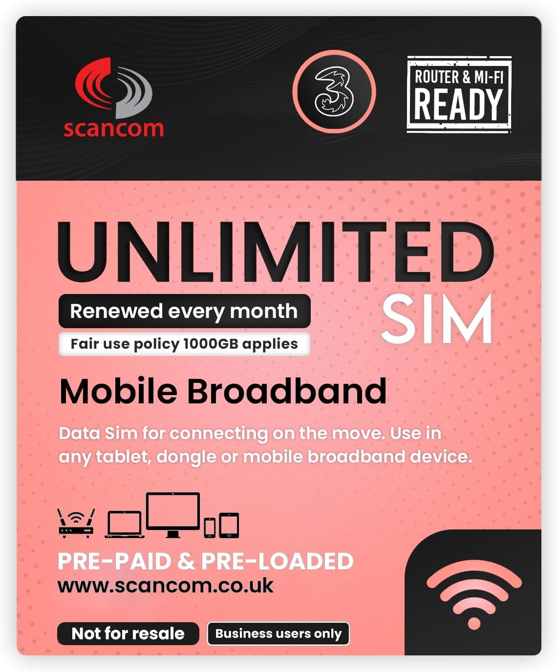 Scancom Three Unlimited 5G Data SIM - Preloaded Every Month from now until 8th December 2025 - Perfect For Wifi Routers, Tablets & Phones - Business Grade Data, dual band - Amazing Gadgets Outlet