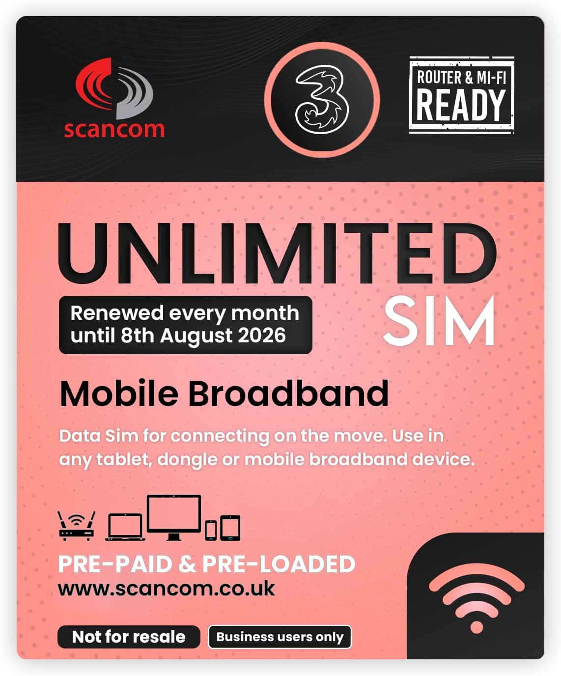 Scancom Three Unlimited 5G Data SIM - Preloaded Every Month from now until 8th December 2025 - Perfect For Wifi Routers, Tablets & Phones - Business Grade Data, dual band - Amazing Gadgets Outlet