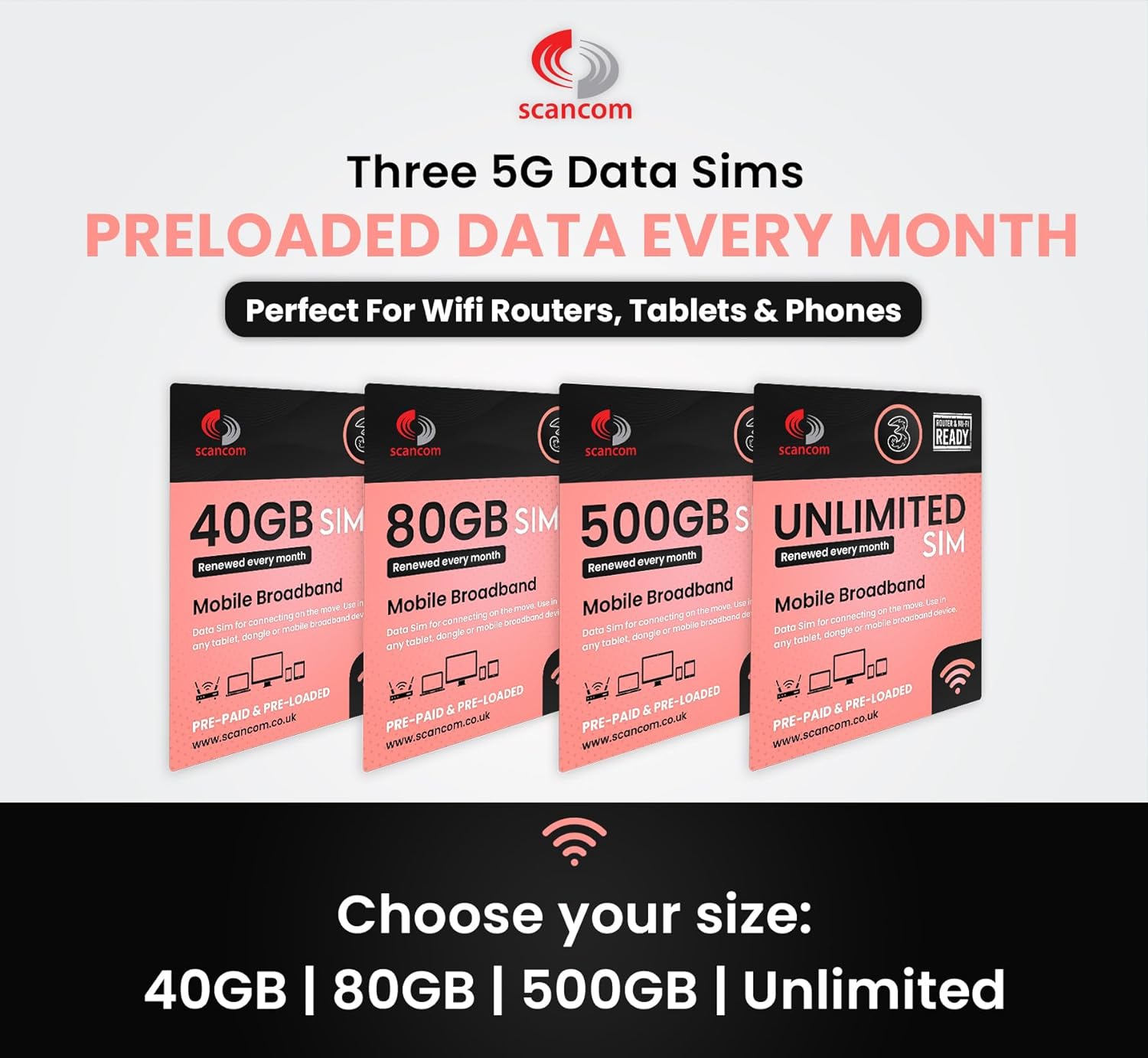 Scancom Three Unlimited 5G Data SIM - Preloaded Every Month from now until 8th December 2025 - Perfect For Wifi Routers, Tablets & Phones - Business Grade Data, dual band - Amazing Gadgets Outlet