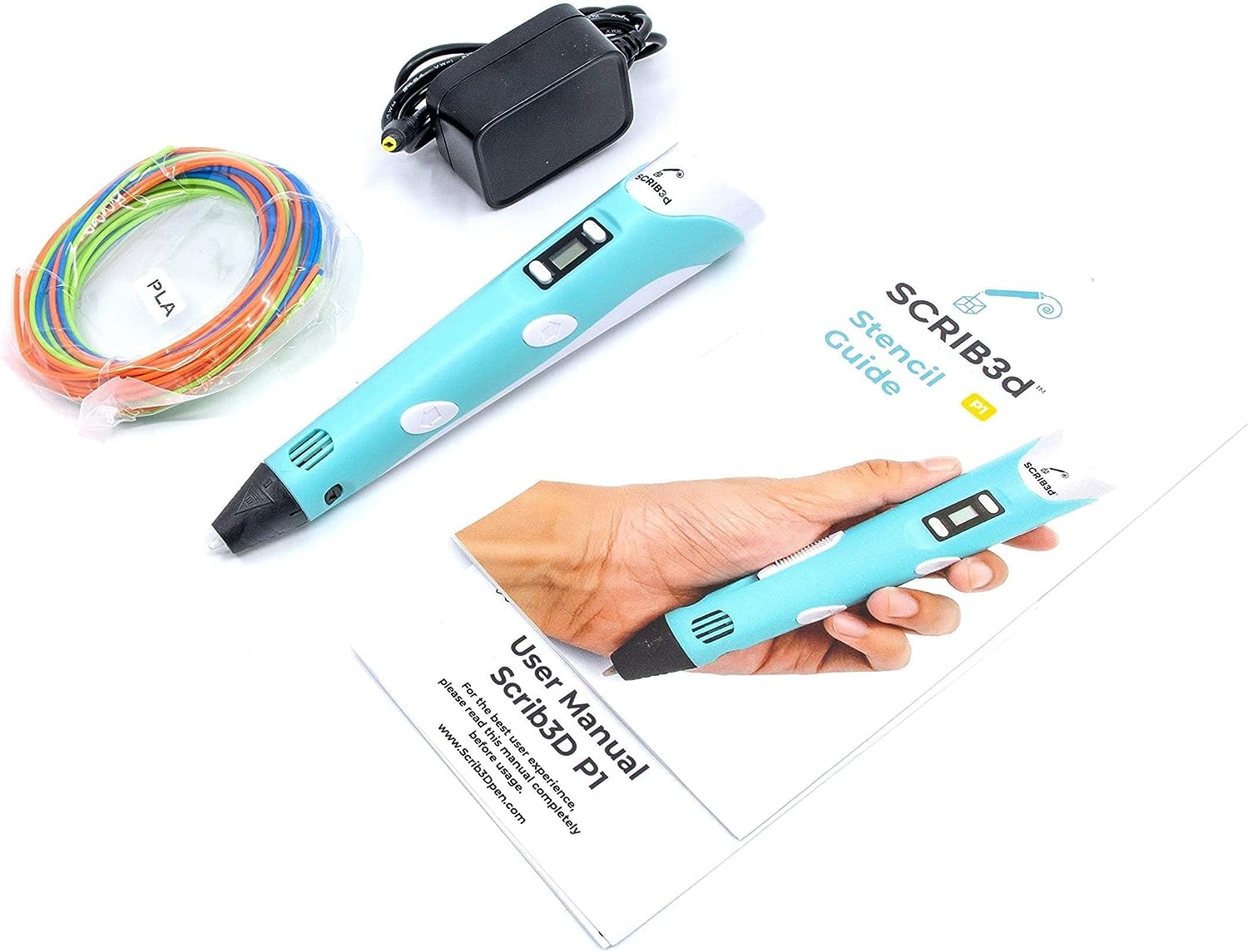 SCRIB3D P1 3D Printing Pen with Display - Includes 3D Pen, 3 Starter Colors of PLA Filament, Stencil Book + Project Guide, and Charger - Amazing Gadgets Outlet