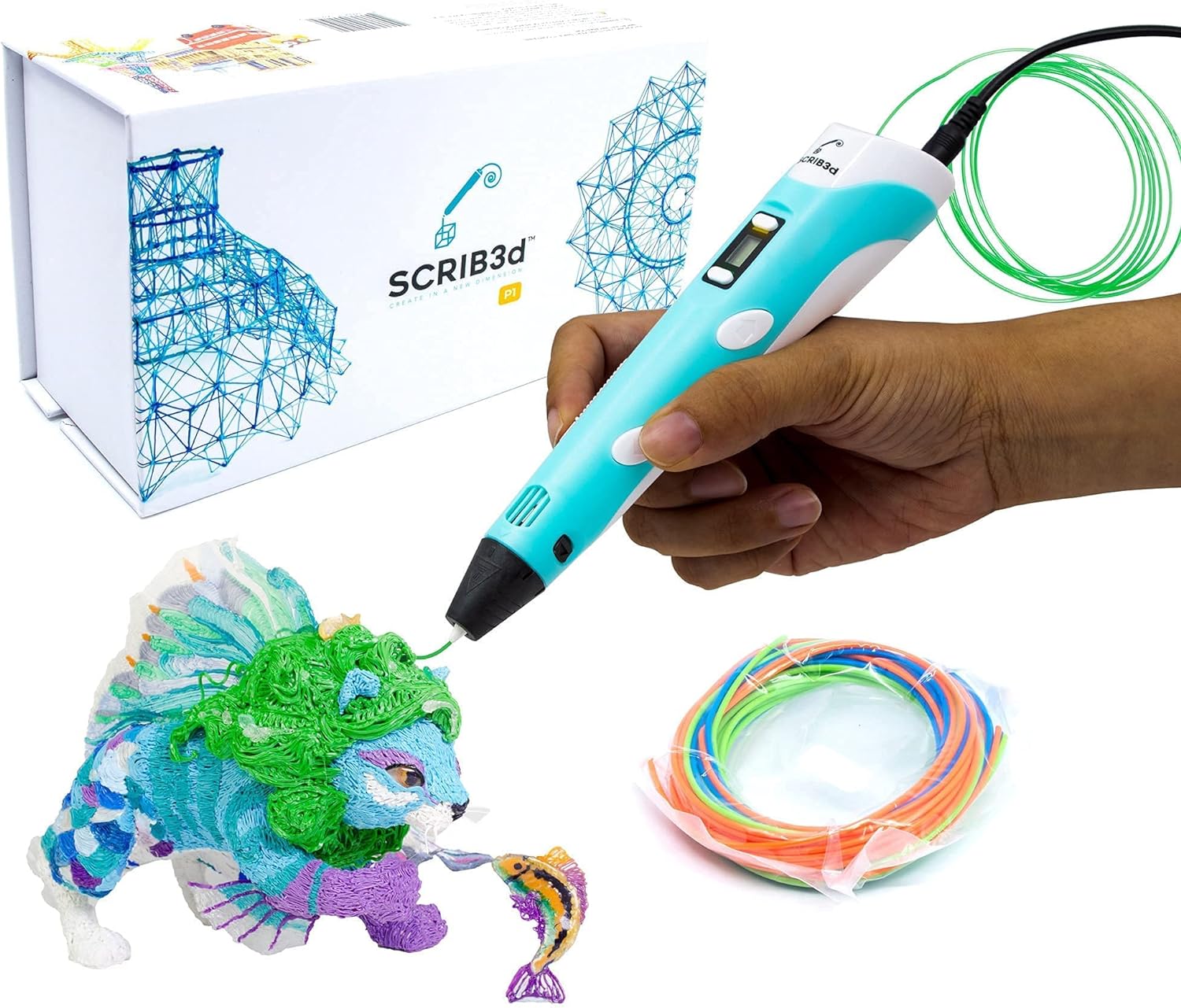 SCRIB3D P1 3D Printing Pen with Display - Includes 3D Pen, 3 Starter Colors of PLA Filament, Stencil Book + Project Guide, and Charger - Amazing Gadgets Outlet