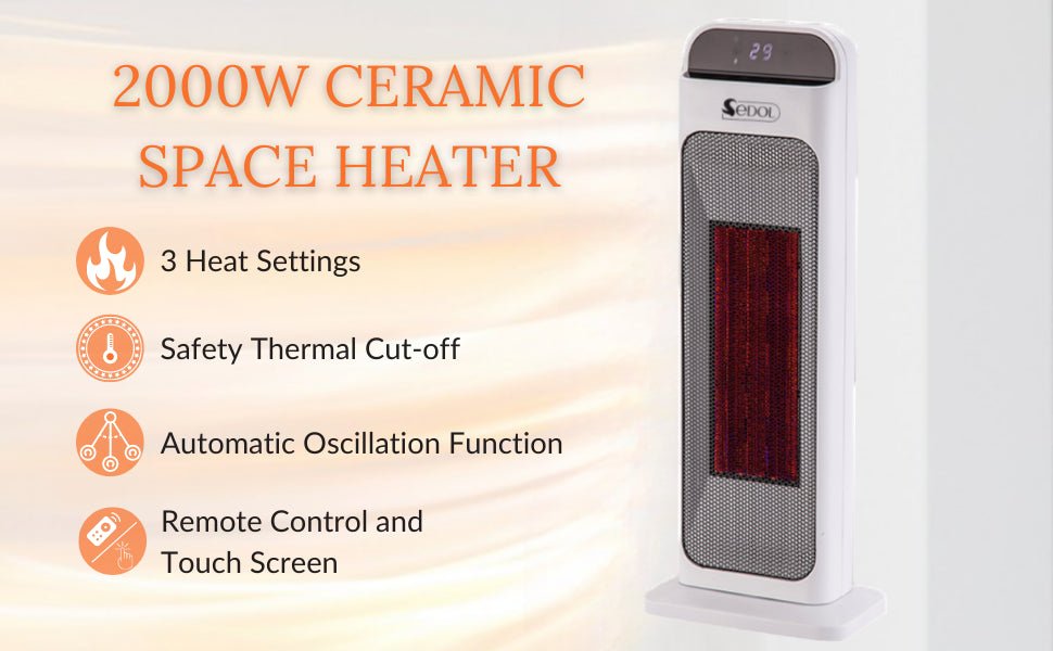 SEDOL PTC Ceramic Heater - 2KW Electric Heater with 3 Heat Settings - Portable Heater with Remote Control - Fan Heater with Thermostat, Timer, Touch Panel, Overheat/Tilt Protection - Heaters for Home - Amazing Gadgets Outlet