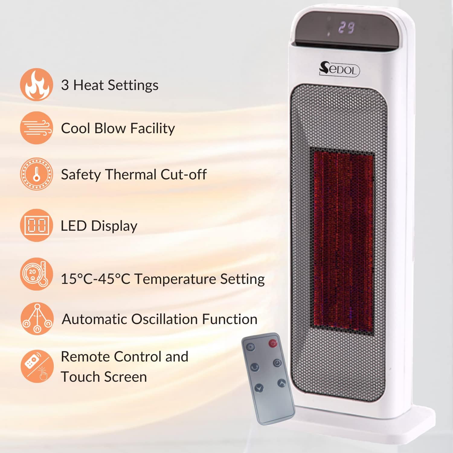 SEDOL PTC Ceramic Heater - 2KW Electric Heater with 3 Heat Settings - Portable Heater with Remote Control - Fan Heater with Thermostat, Timer, Touch Panel, Overheat/Tilt Protection - Heaters for Home - Amazing Gadgets Outlet