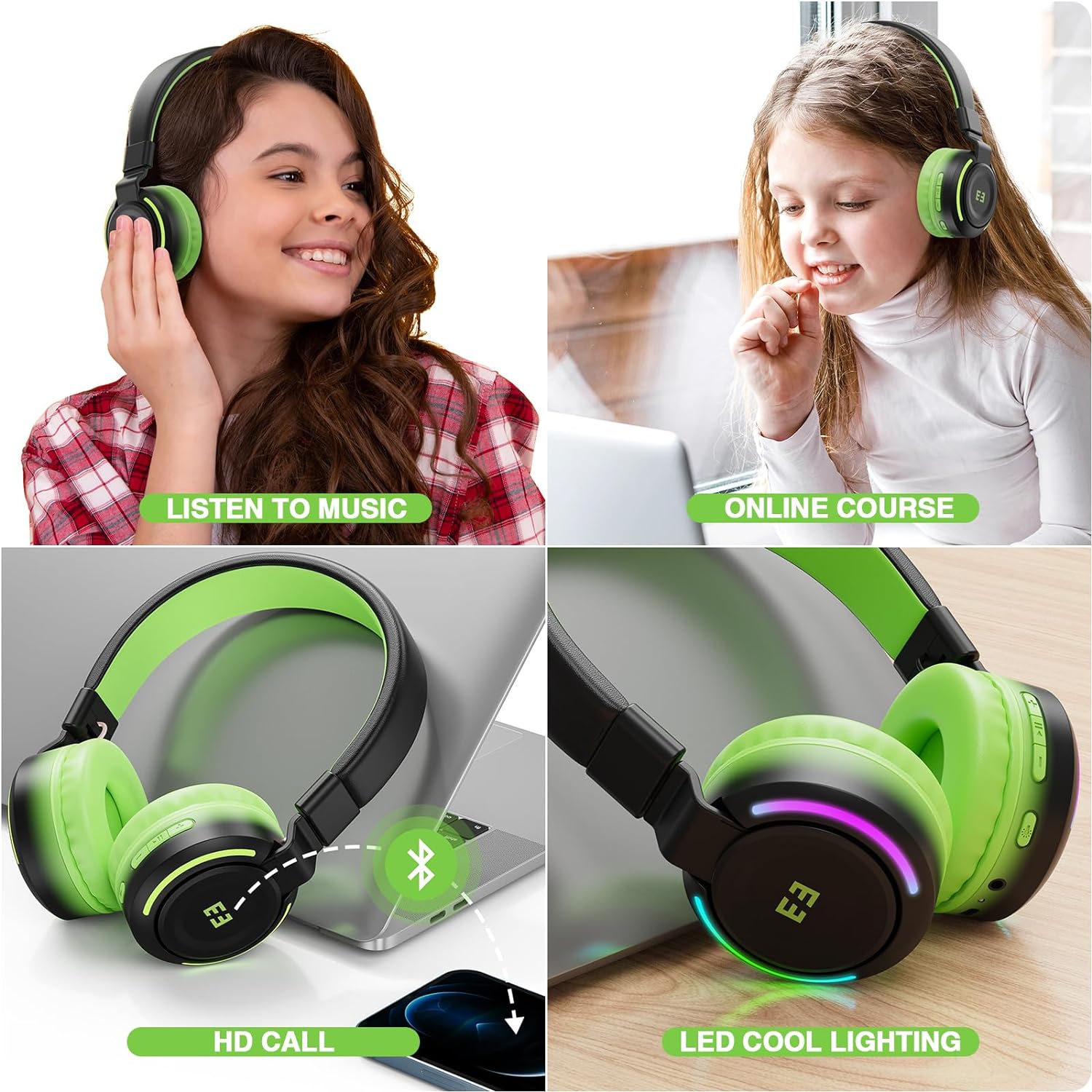 Seenda Kids Bluetooth Headphones, Colourful LED Lights,85/94dB Volume Limited, 35H Playtime, Bluetooth 5.2, Built - in Microphone, Foldable, Kids Wireless Headphones on Ear for Tablets Phone PC - Amazing Gadgets Outlet