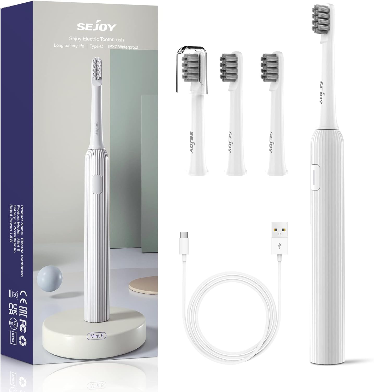 Sejoy Electric Toothbrush, Rechargeable Power Toothbrush for Adults and Kids, Fast Charge Sonic Tooth Brush with Travel Lock, 4 Brush Heads, Gift, White - Amazing Gadgets Outlet