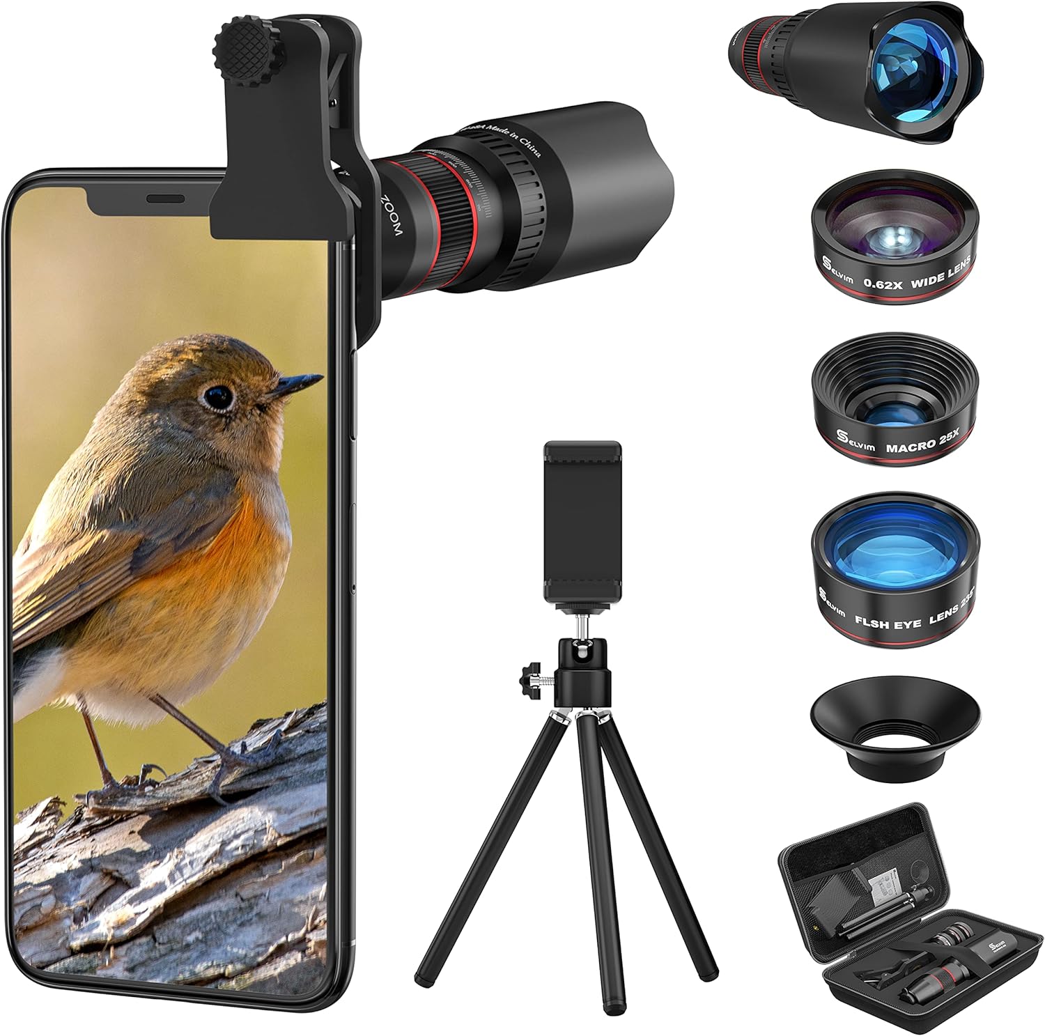 Selvim Phone Camera Lens Phone Lens Kit with 22X Telephoto Lens, 235°Fisheye Lens, 25X Macro Lens, 0.62X Wide Angle Lens, Compatible with iPhone 11 12 8 7 6 Plus X XS XR Samsung Android Pixel - Amazing Gadgets Outlet