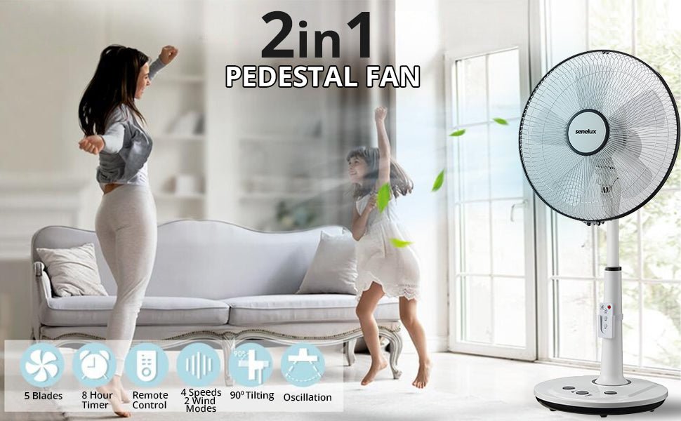 Senelux 14 Inch Pedestal Fan, 5 - Blade Standing Fan with Remote Control 4 Speed 2 Wind Modes 7.5 - Hour Timer Ultra Quiet Oscillating and Tilting 45W Adjustable Height for Bedroom Home Office - Amazing Gadgets Outlet