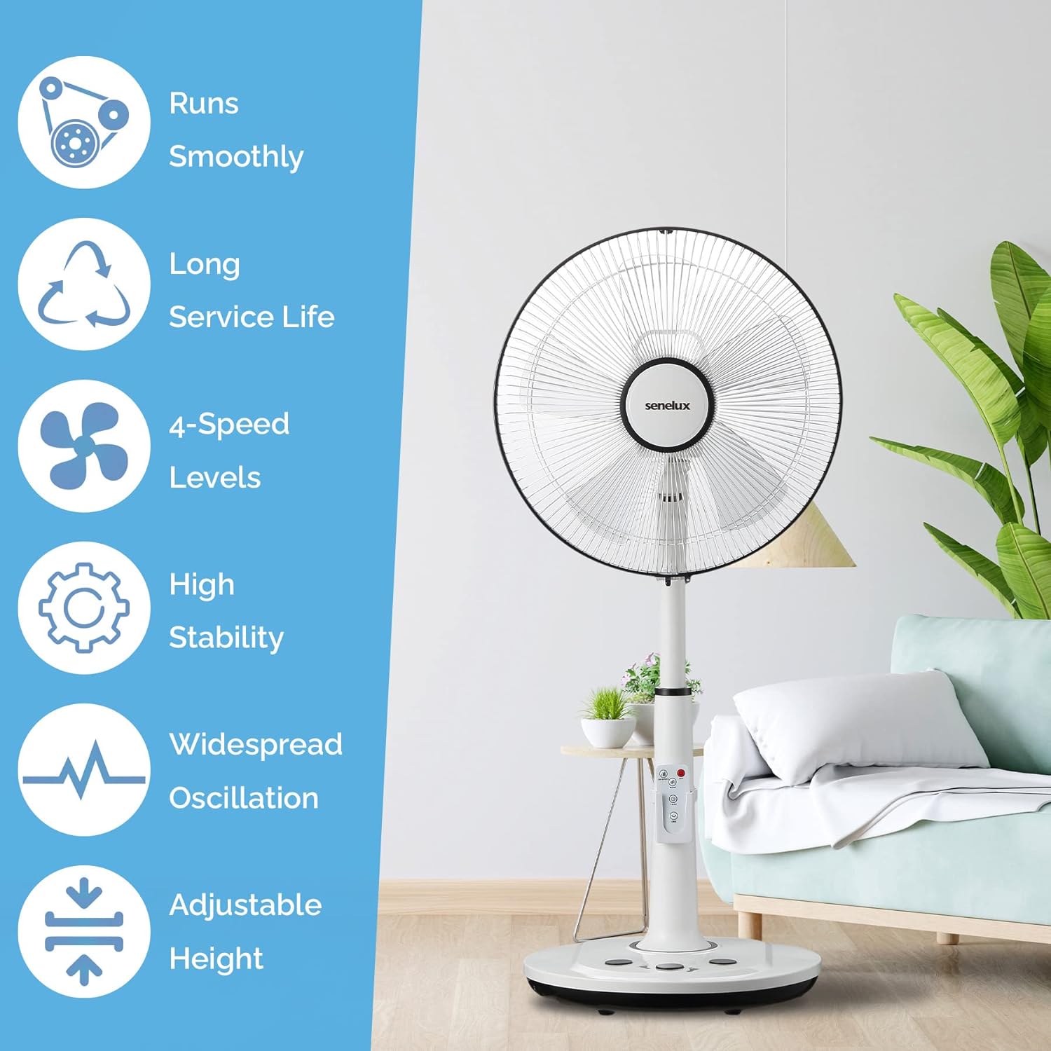 Senelux 14 Inch Pedestal Fan, 5 - Blade Standing Fan with Remote Control 4 Speed 2 Wind Modes 7.5 - Hour Timer Ultra Quiet Oscillating and Tilting 45W Adjustable Height for Bedroom Home Office - Amazing Gadgets Outlet