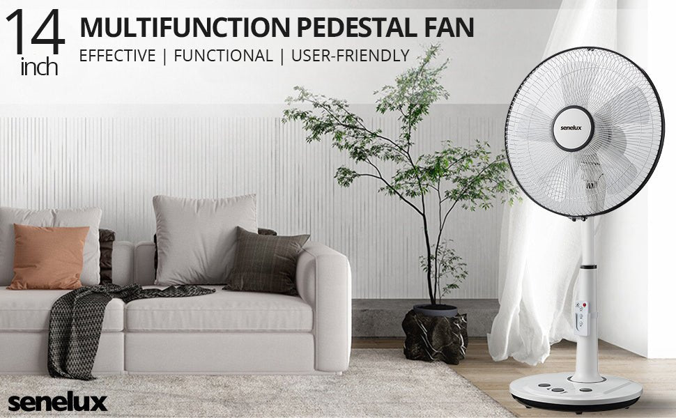 Senelux 14 Inch Pedestal Fan, 5 - Blade Standing Fan with Remote Control 4 Speed 2 Wind Modes 7.5 - Hour Timer Ultra Quiet Oscillating and Tilting 45W Adjustable Height for Bedroom Home Office - Amazing Gadgets Outlet