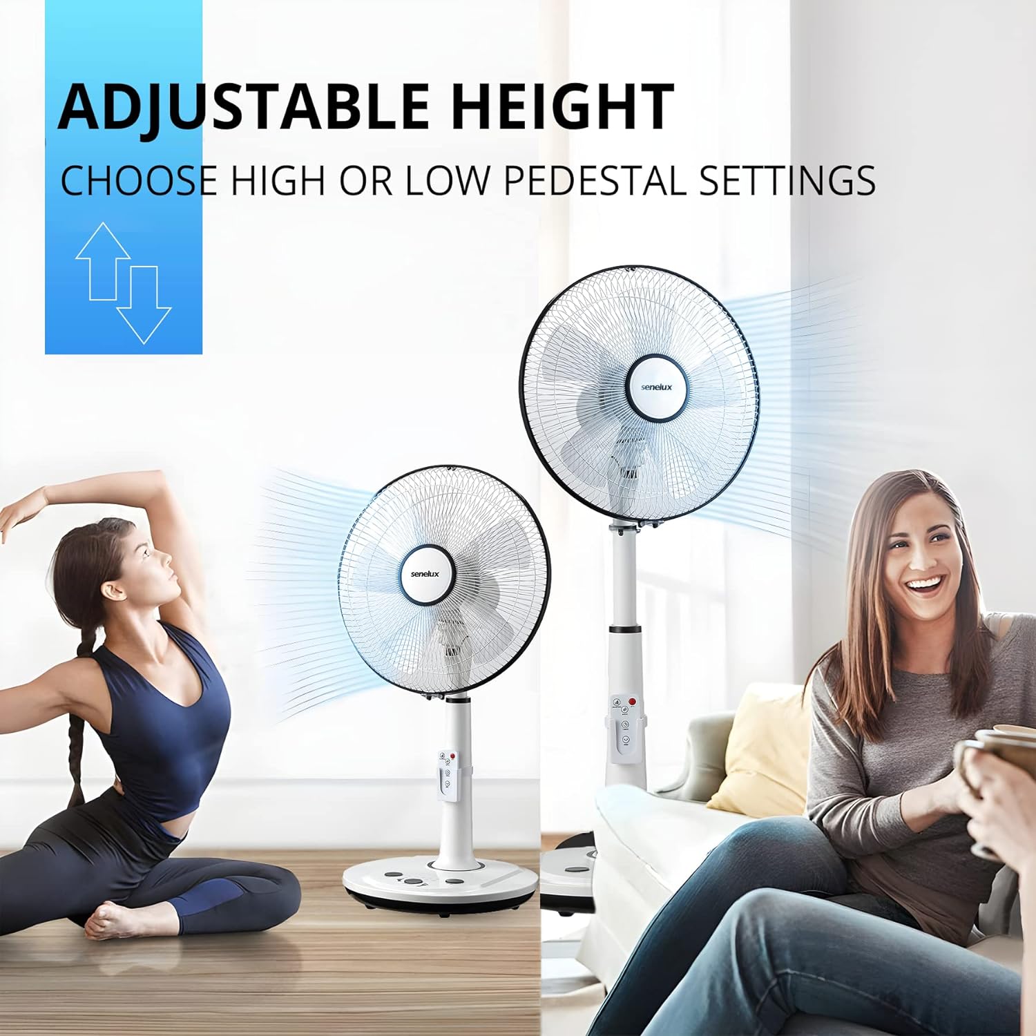 Senelux 14 Inch Pedestal Fan, 5 - Blade Standing Fan with Remote Control 4 Speed 2 Wind Modes 7.5 - Hour Timer Ultra Quiet Oscillating and Tilting 45W Adjustable Height for Bedroom Home Office - Amazing Gadgets Outlet