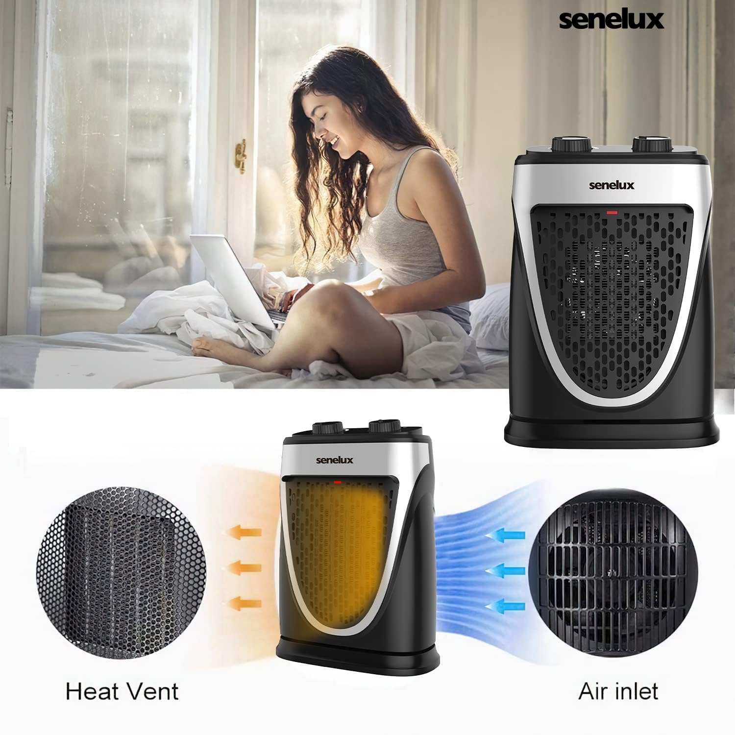 Senelux Space Heater, 1500W PTC Electric Ceramic Portable Heater Indoor Use 2 in 1 Fan Combo Fast Heating with Adjustable Thermostat Overheat and Tip Over Protection for Office Desk Rooms Bedroom - Amazing Gadgets Outlet