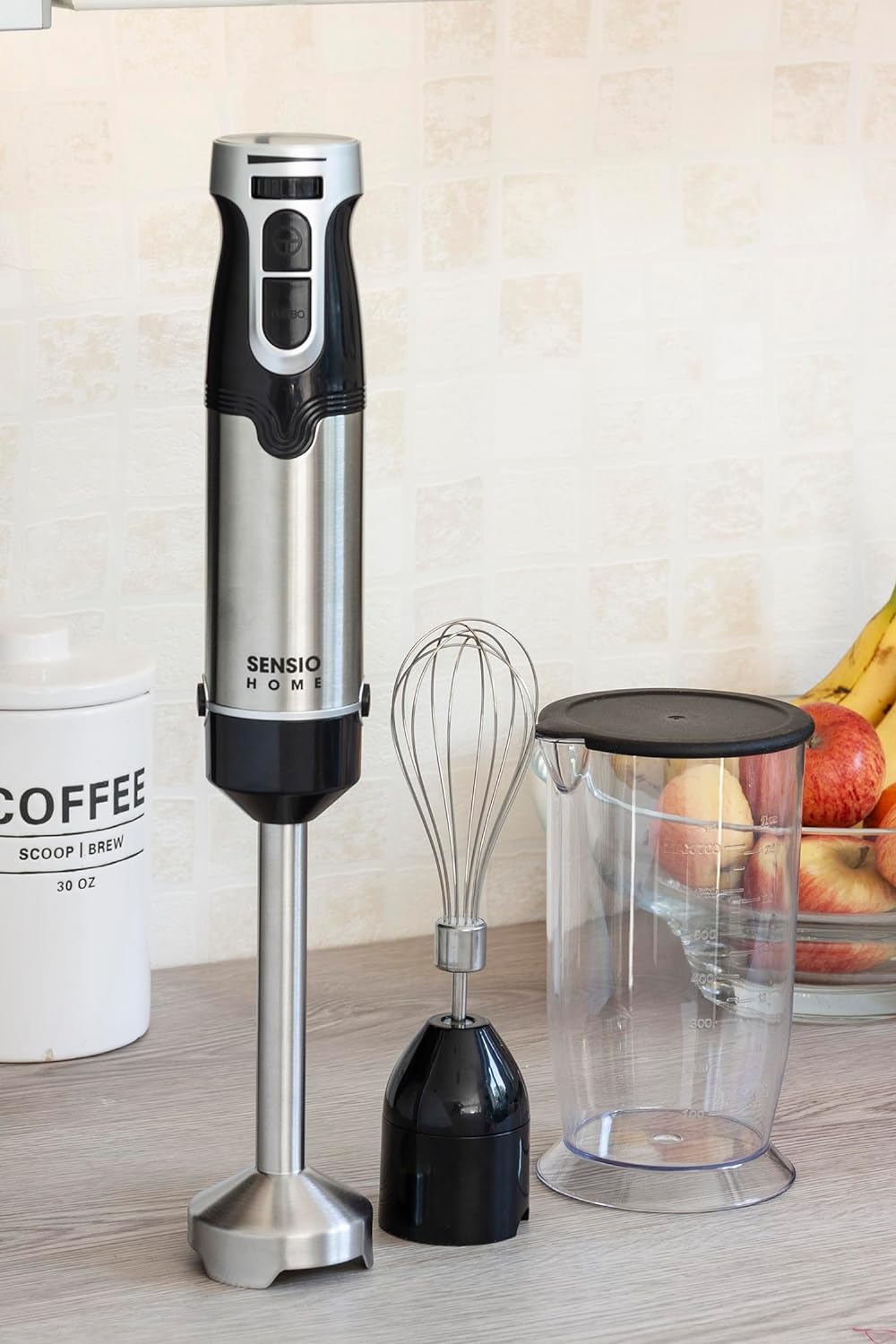 Sensio Home 1000W Super Powerful Hand Blender 3 - in - 1 Stainless Steel Stick Immersion Blender with Attachment, 700ml Mixing Beaker, Stainless Steel Whisk, Variable Speeds for Baby Food,Vegetables,Soup - Amazing Gadgets Outlet