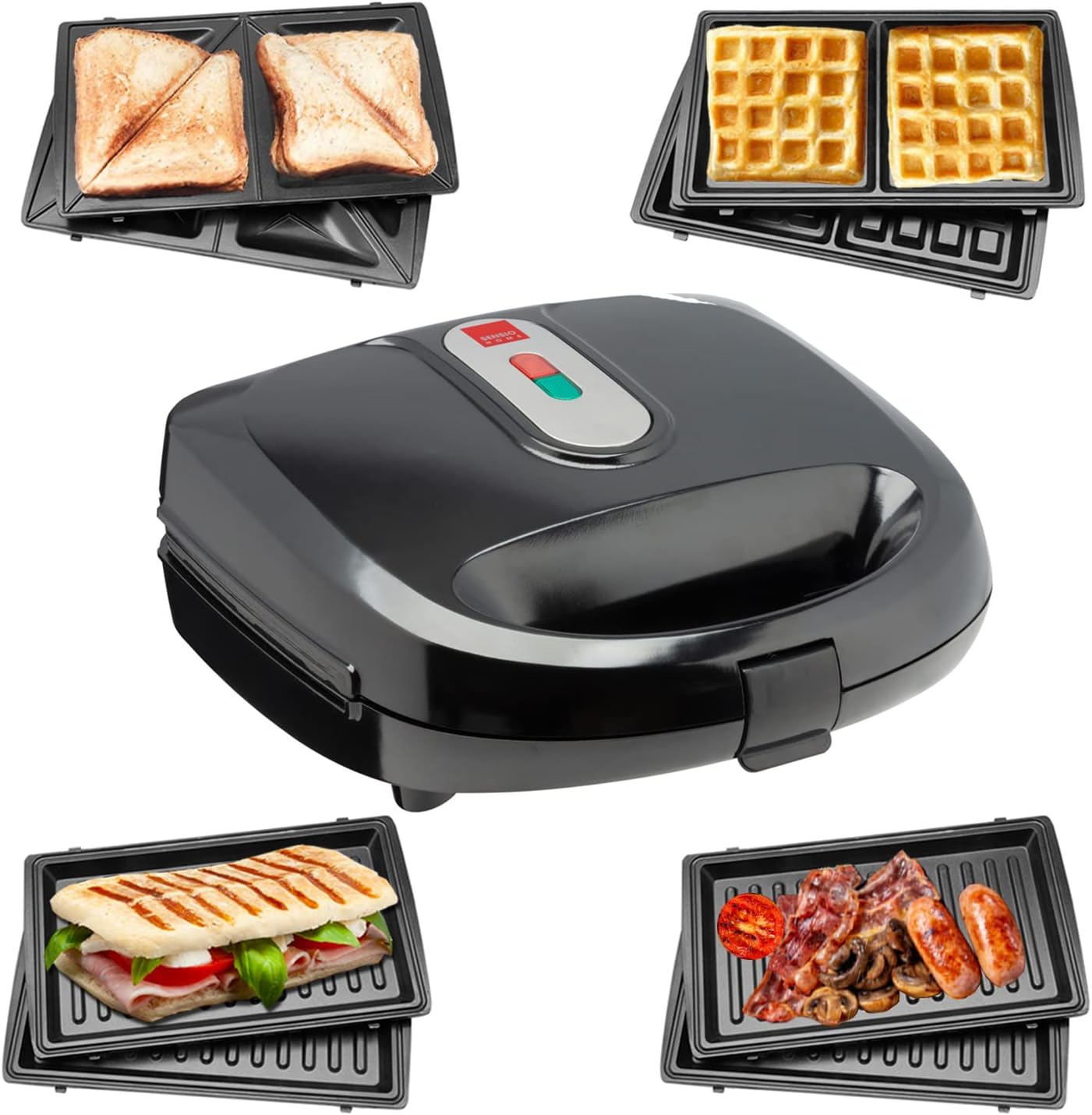 Sensio Home Multi Functional 3 in 1 Stylish Waffle, Deep Fill Sandwich, Panini or Grill Maker Machine Interchangeable Non Stick Easy Clean Plates, Secure Lock Plus Ready & Power Lights, Powerful Iron - Amazing Gadgets Outlet