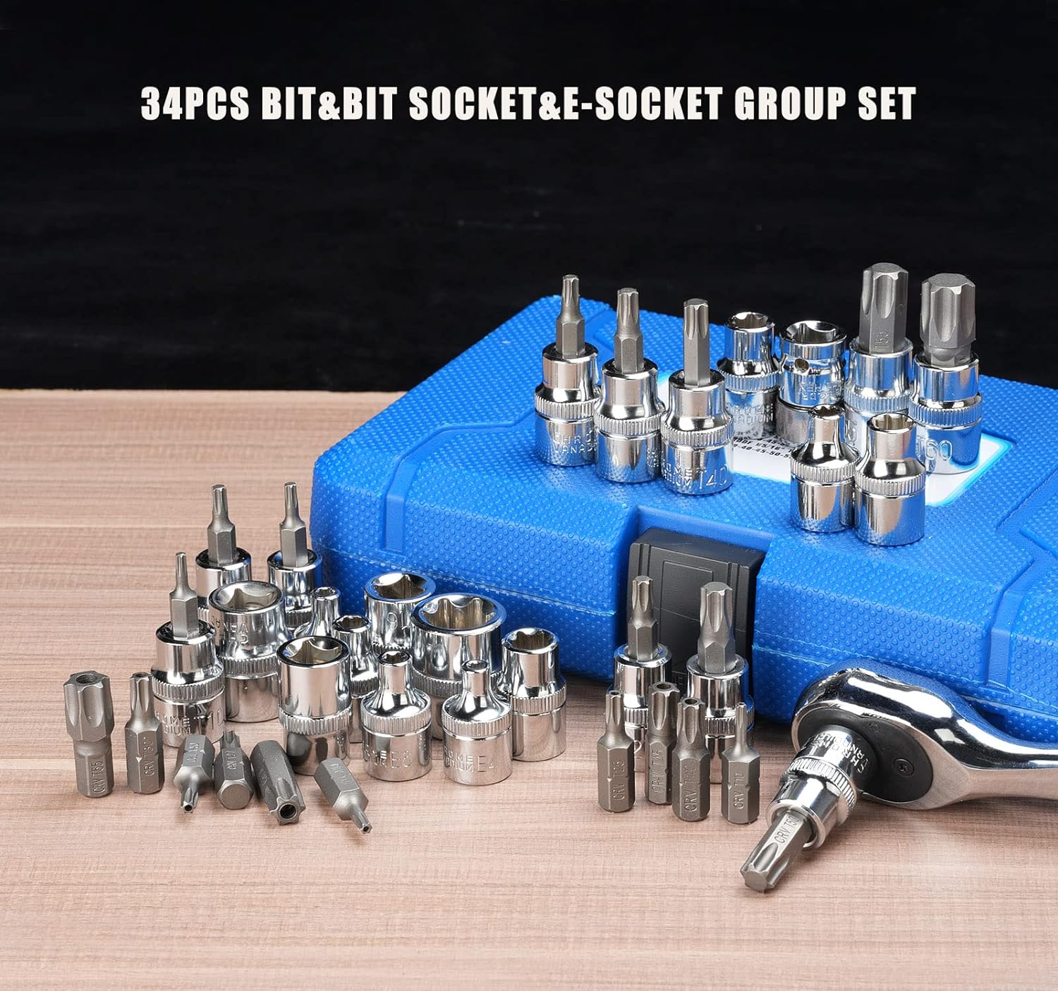 Sexyhot 34 Pieces Bit Torx Star & E - Socket Set with 12pcs 3/8"E - Socket 11pcs Torx Bit Socket 10pcs Tamper Proof H5/16" Torx Bit and 1pc 3/8" H8 Squaer Adapter - Amazing Gadgets Outlet