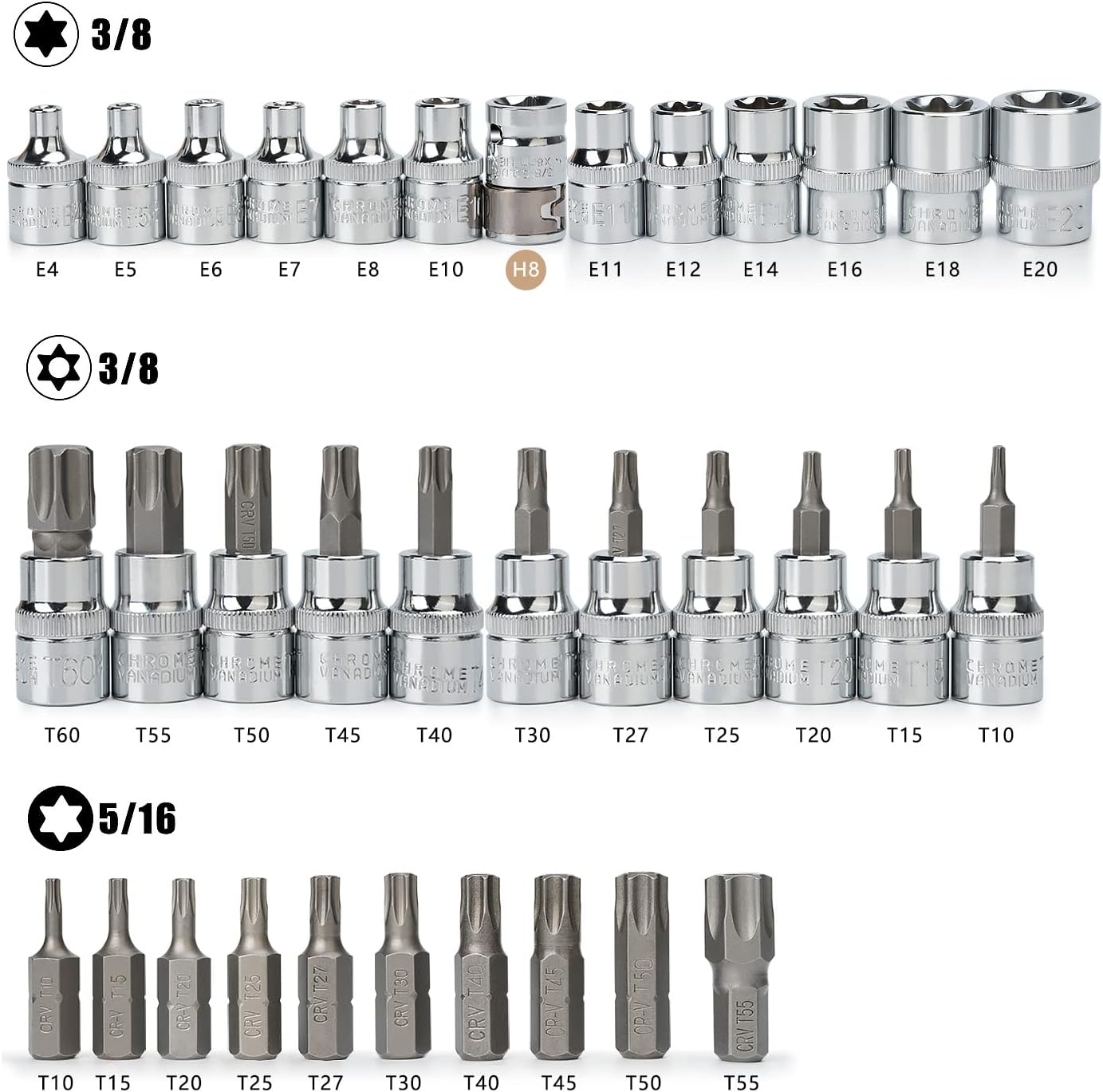 Sexyhot 34 Pieces Bit Torx Star & E - Socket Set with 12pcs 3/8"E - Socket 11pcs Torx Bit Socket 10pcs Tamper Proof H5/16" Torx Bit and 1pc 3/8" H8 Squaer Adapter - Amazing Gadgets Outlet