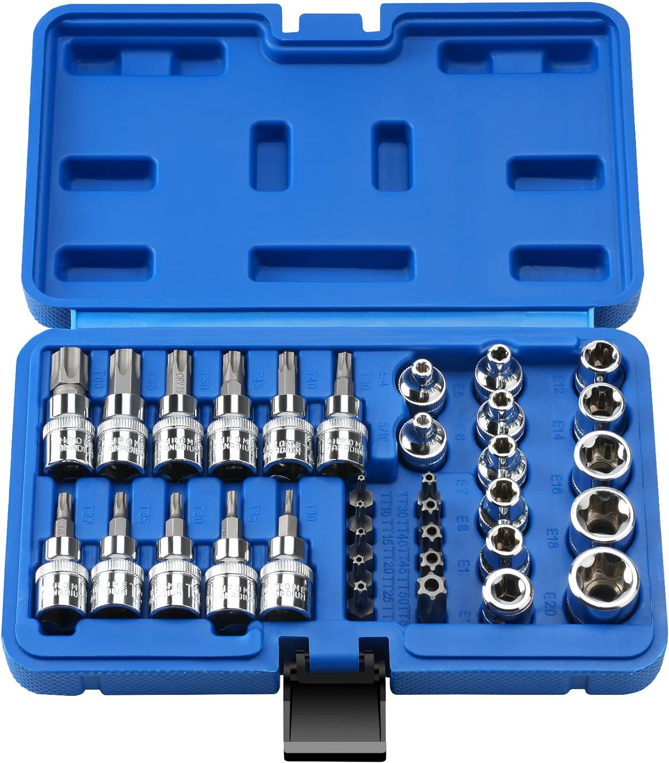 Sexyhot 34 Pieces Bit Torx Star & E - Socket Set with 12pcs 3/8"E - Socket 11pcs Torx Bit Socket 10pcs Tamper Proof H5/16" Torx Bit and 1pc 3/8" H8 Squaer Adapter - Amazing Gadgets Outlet