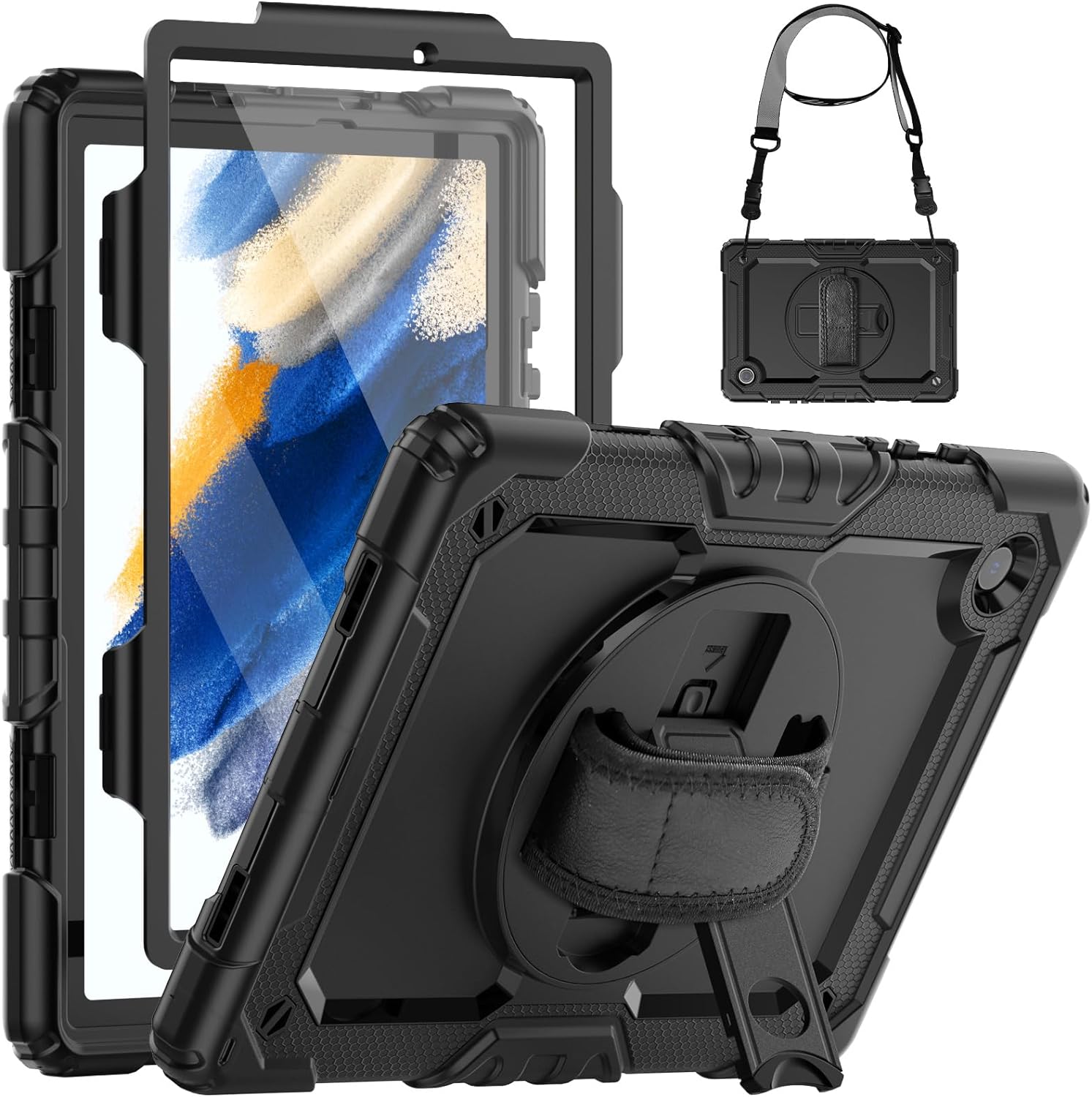 SEYMCY for Samsung Galaxy Tab A9 Plus / A9+ Case 11 Inch 2023, Full Body Shockproof Case with Screen Protector, Rotating Stand/Hand Strap, Shoulder Strap for Samsung A9+ Tablet Heavy Duty Case, Black - Amazing Gadgets Outlet