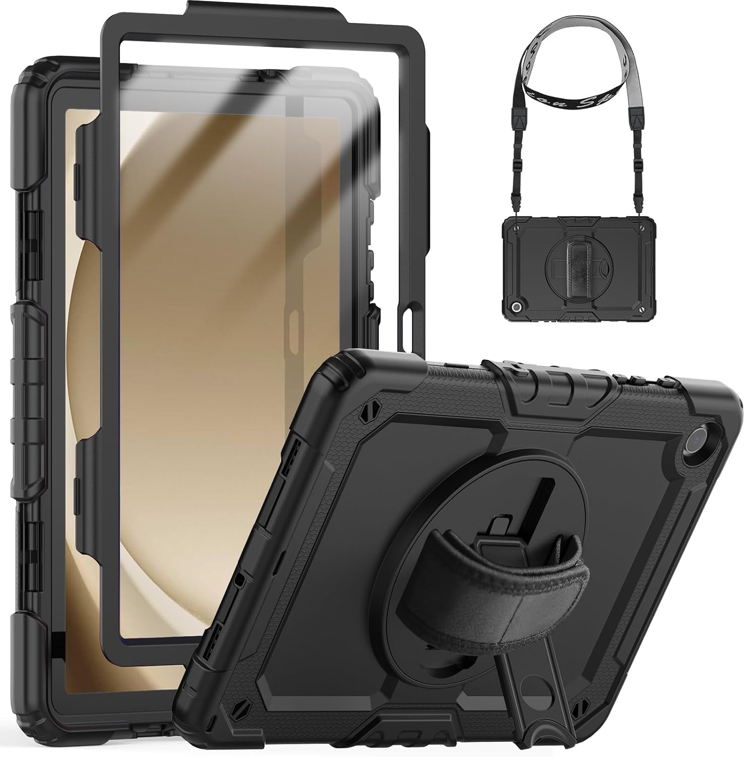 SEYMCY for Samsung Galaxy Tab A9 Plus / A9+ Case 11 Inch 2023, Full Body Shockproof Case with Screen Protector, Rotating Stand/Hand Strap, Shoulder Strap for Samsung A9+ Tablet Heavy Duty Case, Black - Amazing Gadgets Outlet