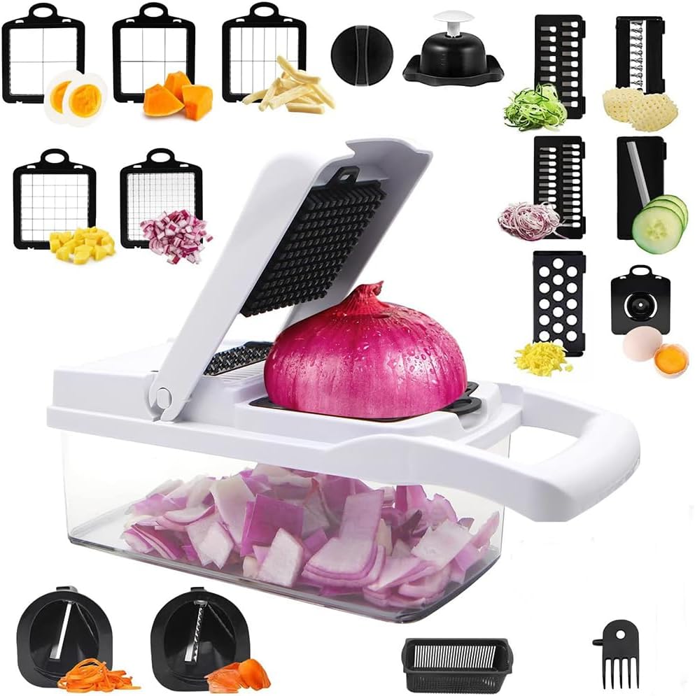 SGAONSN 22 in 1 Vegetable Chopper, Kitchen Mandoline with 1.2L Container & Draining Basket,Vegetable Chopper Onion Chopper & Dicer |Spiralizer, Lemon Squeezer, Egg Seperator - Ultimate Kitchen Gadget - Amazing Gadgets Outlet