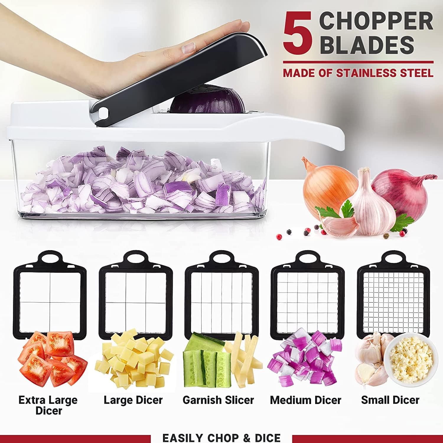 SGAONSN 22 in 1 Vegetable Chopper, Kitchen Mandoline with 1.2L Container & Draining Basket,Vegetable Chopper Onion Chopper & Dicer |Spiralizer, Lemon Squeezer, Egg Seperator - Ultimate Kitchen Gadget - Amazing Gadgets Outlet