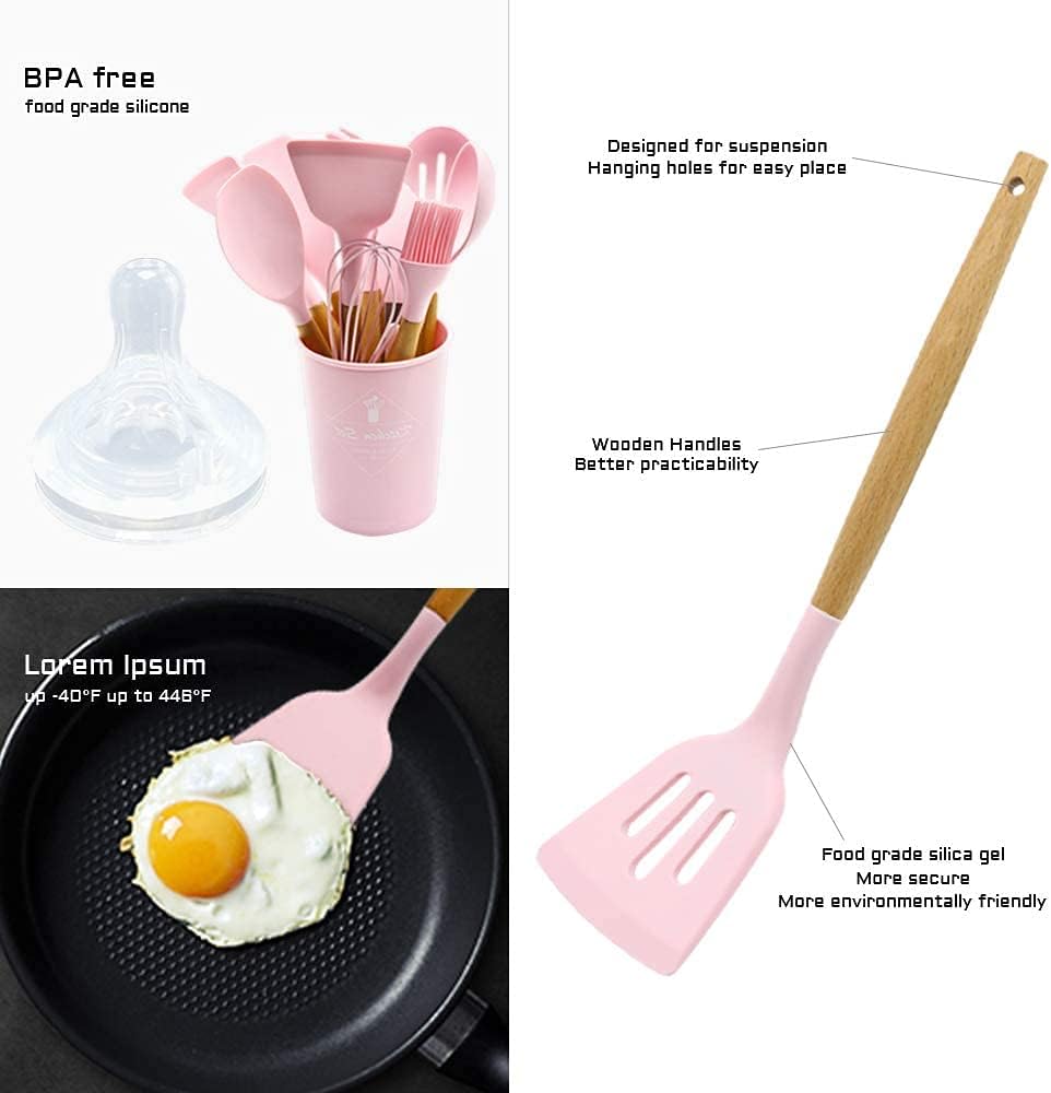 SGAONSN Kitchen Utensil Set, Silicone Cooking Utensils with Natural Wooden Handles,Nonstick Kitchen Tool Turner Tongs (12pcs) Pink - Amazing Gadgets Outlet